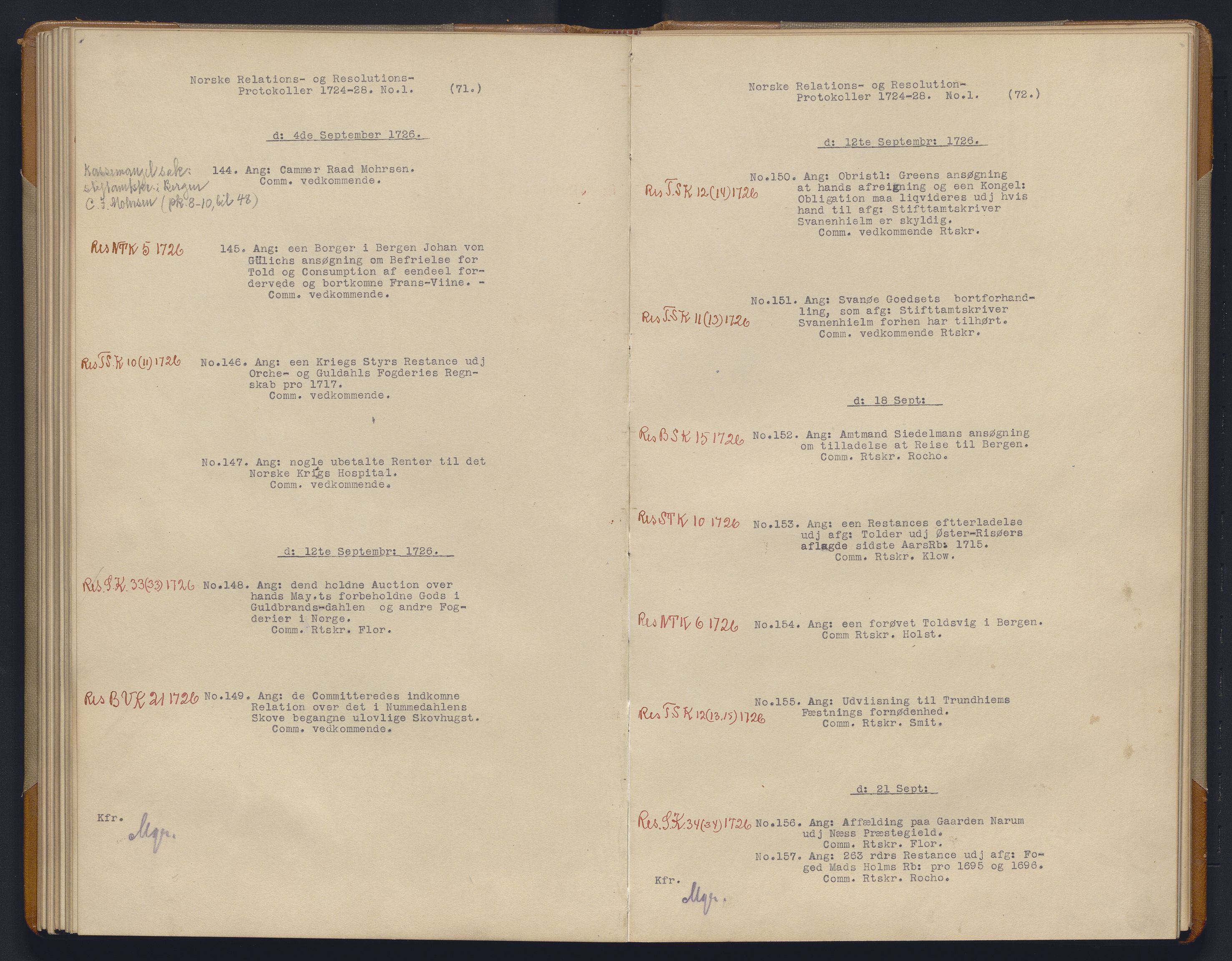 Avskriftsamlingen, AV/RA-EA-4022/F/Fb/L0115: Registratur over norske Relasjons- og resolusjonsprotkoller, 1724-1728, p. 56