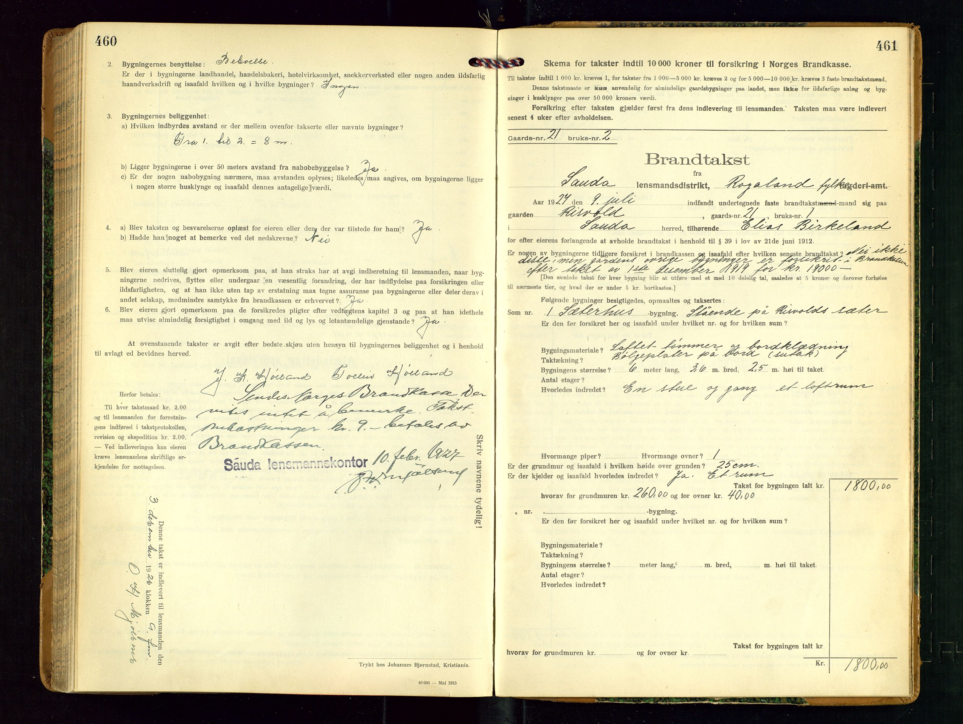 Sauda lensmannskontor, SAST/A-100177/Gob/L0002: Branntakstprotokoll - skjematakst, 1916-1928, p. 460-461