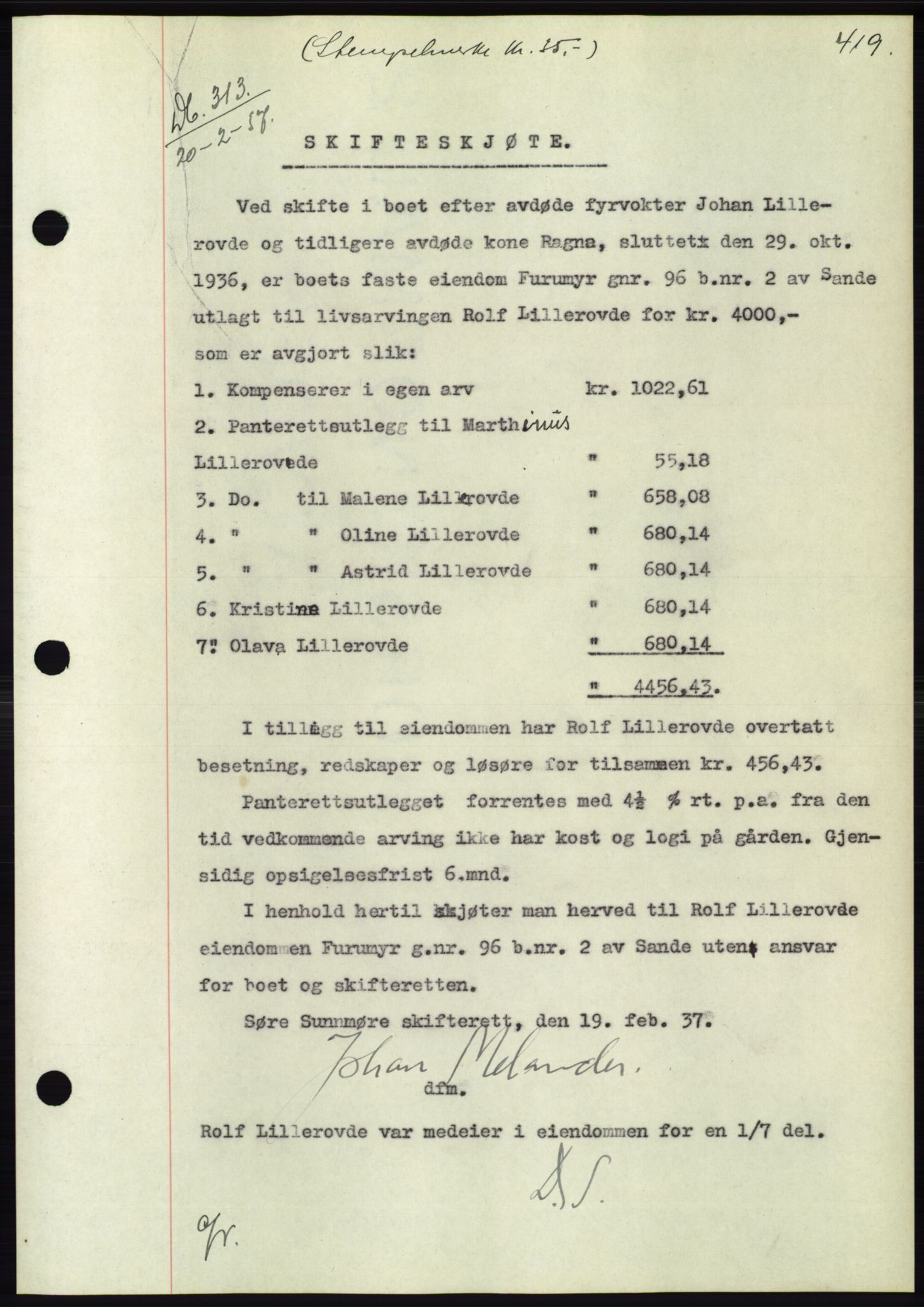 Søre Sunnmøre sorenskriveri, AV/SAT-A-4122/1/2/2C/L0062: Mortgage book no. 56, 1936-1937, Diary no: : 313/1937