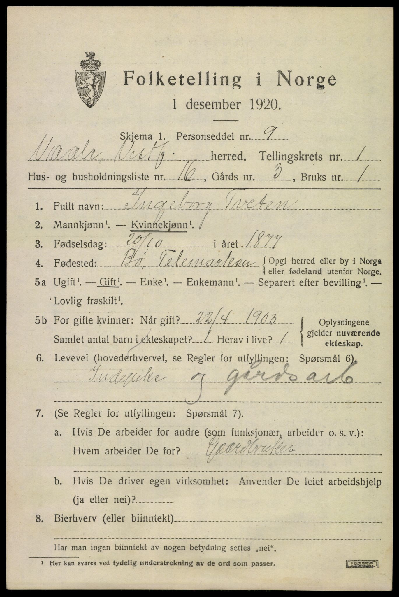 SAKO, 1920 census for Våle, 1920, p. 1250