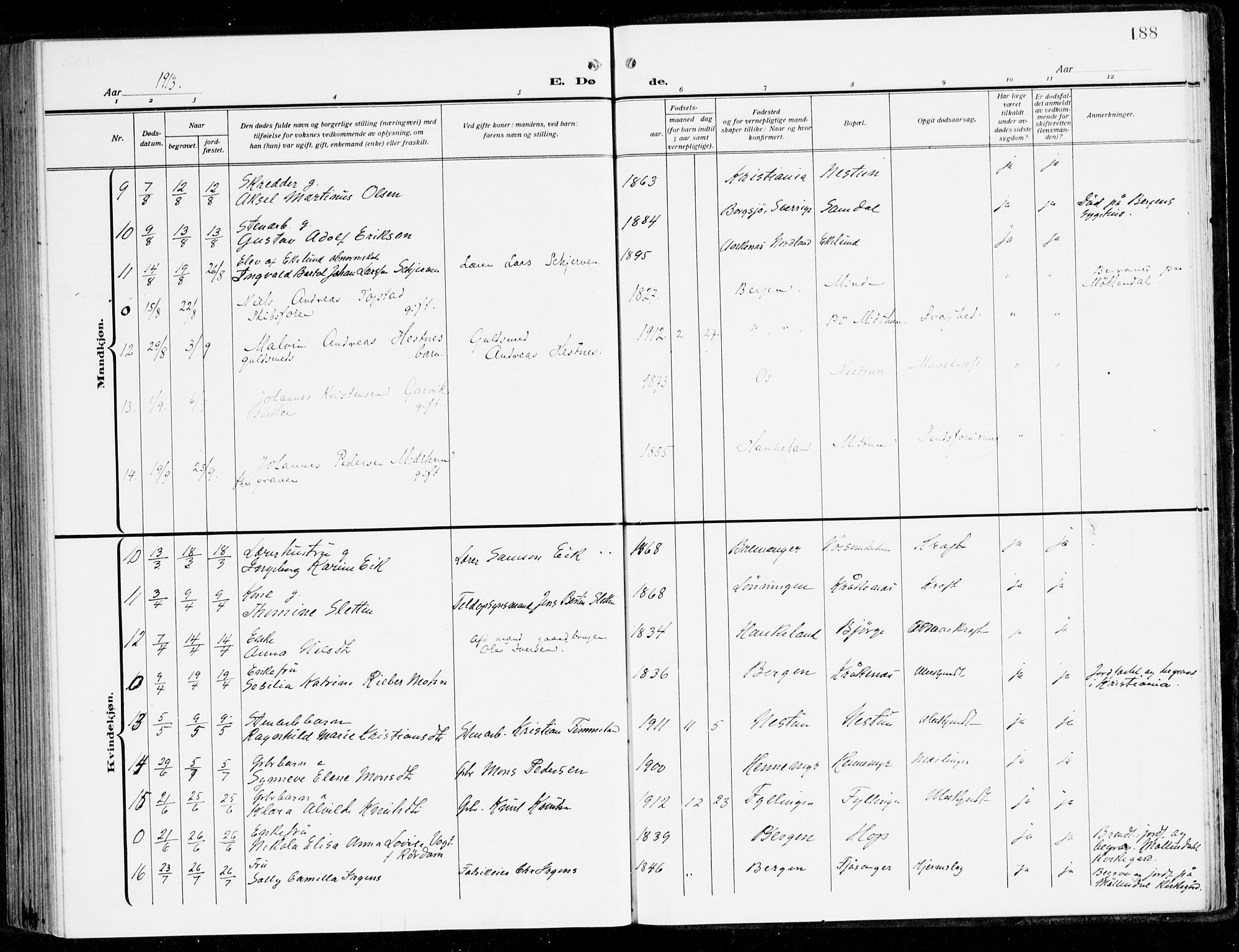 Fana Sokneprestembete, SAB/A-75101/H/Haa/Haai/L0004: Parish register (official) no. I 4, 1912-1933, p. 188