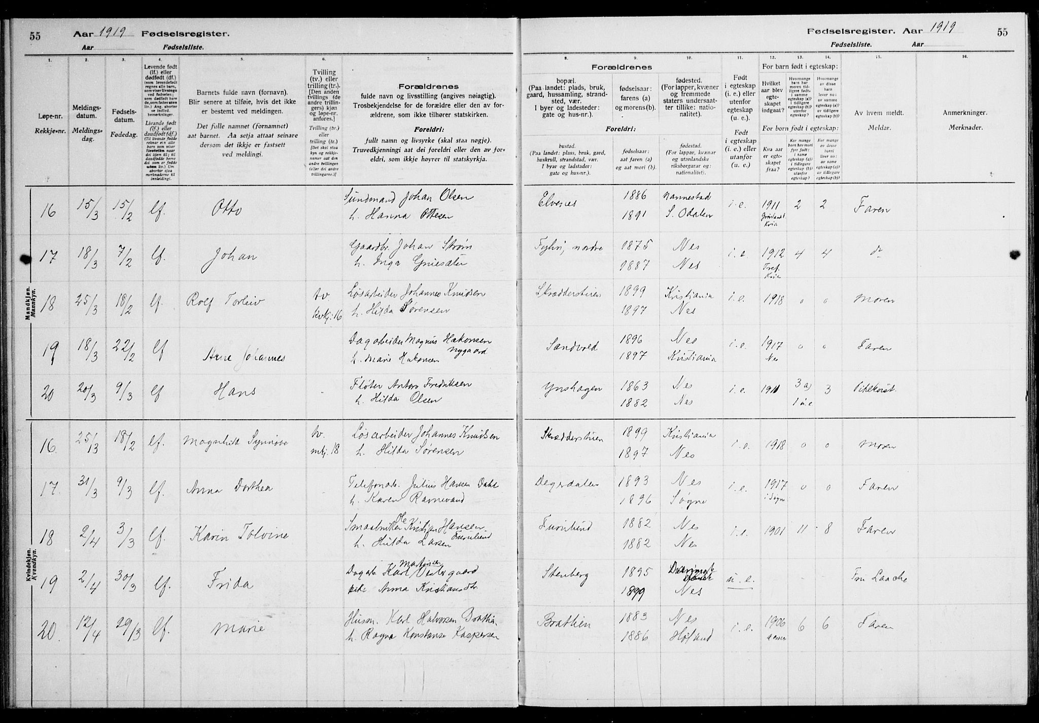 Nes prestekontor Kirkebøker, AV/SAO-A-10410/J/Ja/L0001: Birth register no. 1, 1916-1926, p. 55