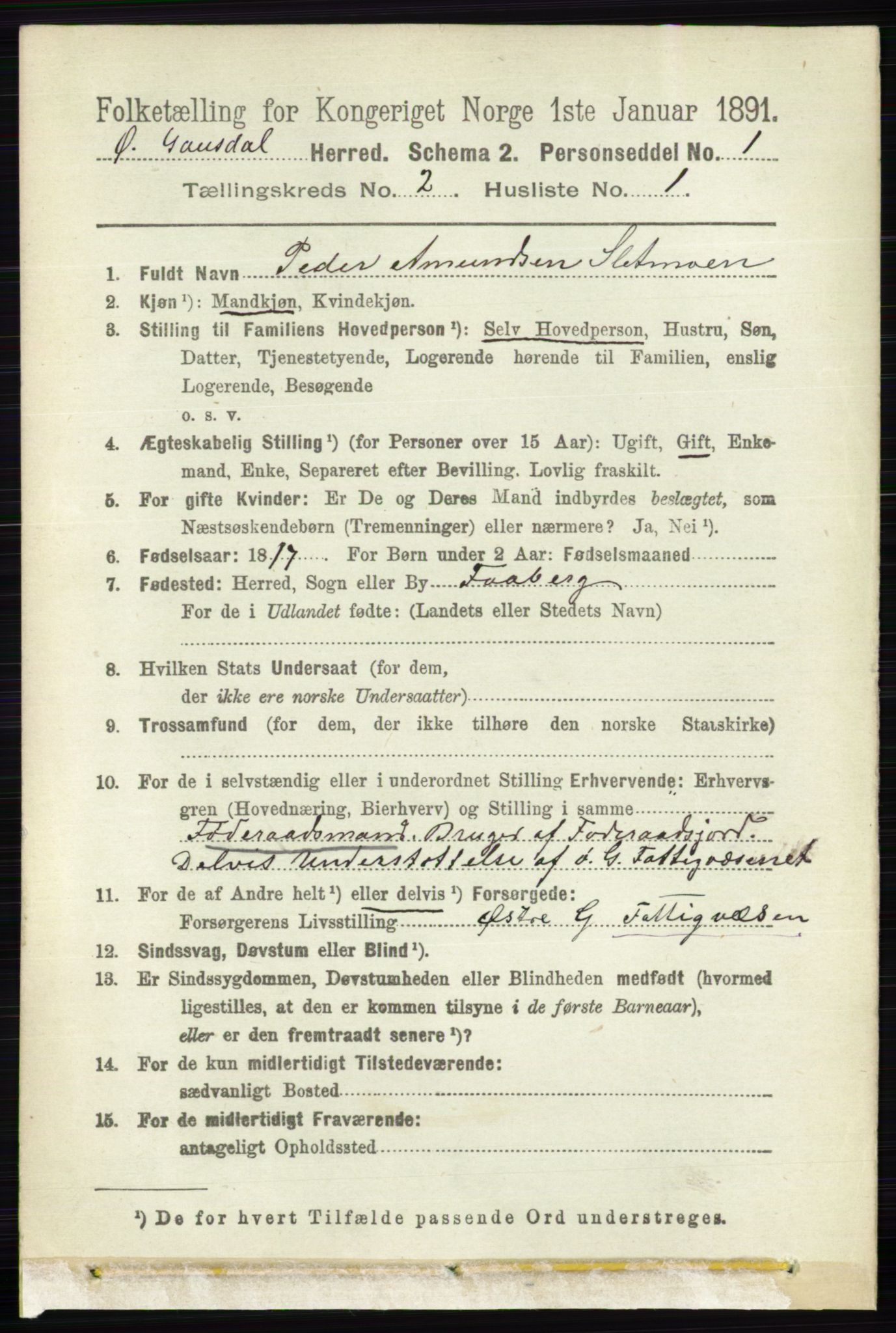 RA, 1891 census for 0522 Østre Gausdal, 1891, p. 1153