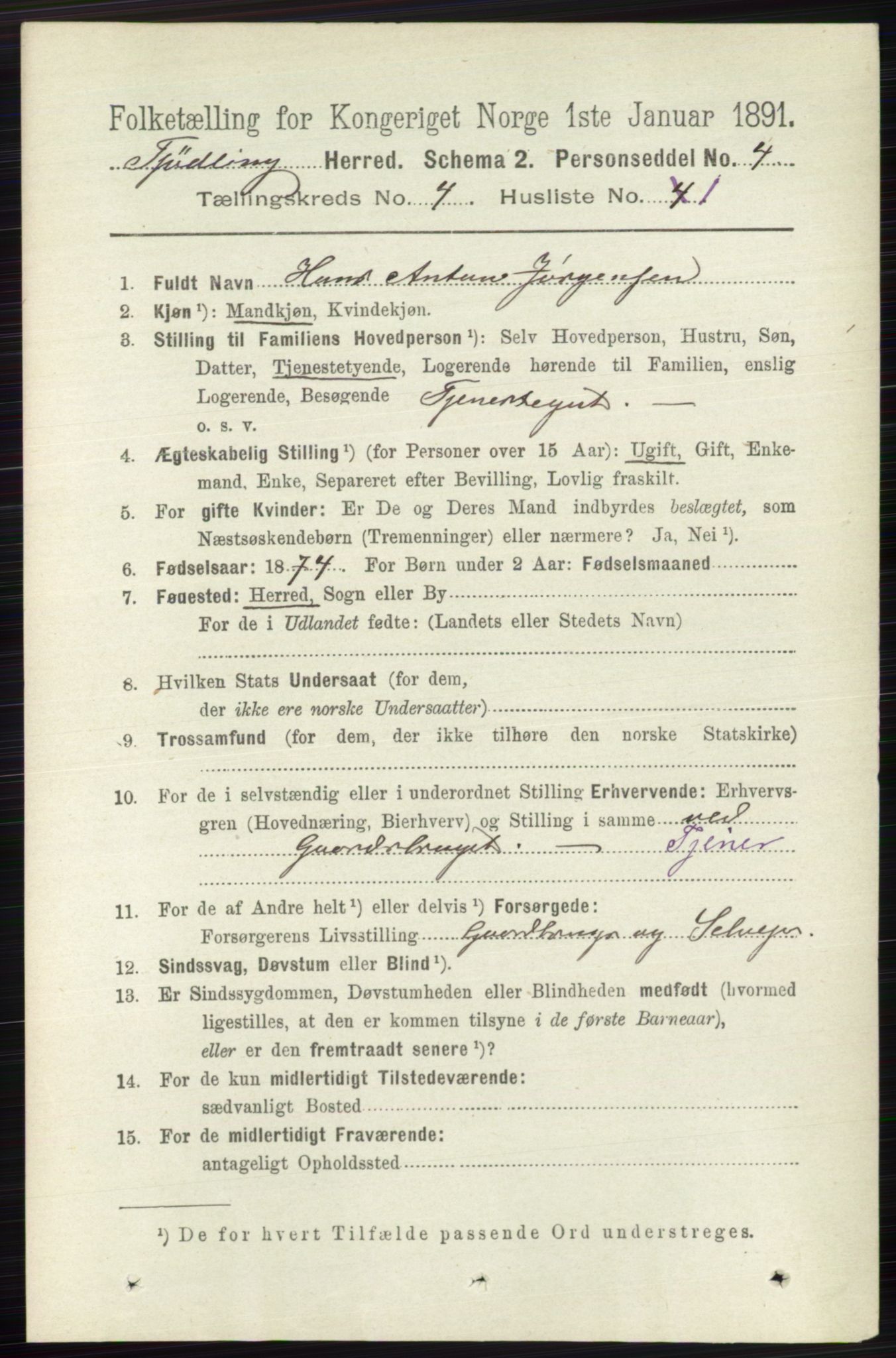 RA, 1891 census for 0725 Tjølling, 1891, p. 1443