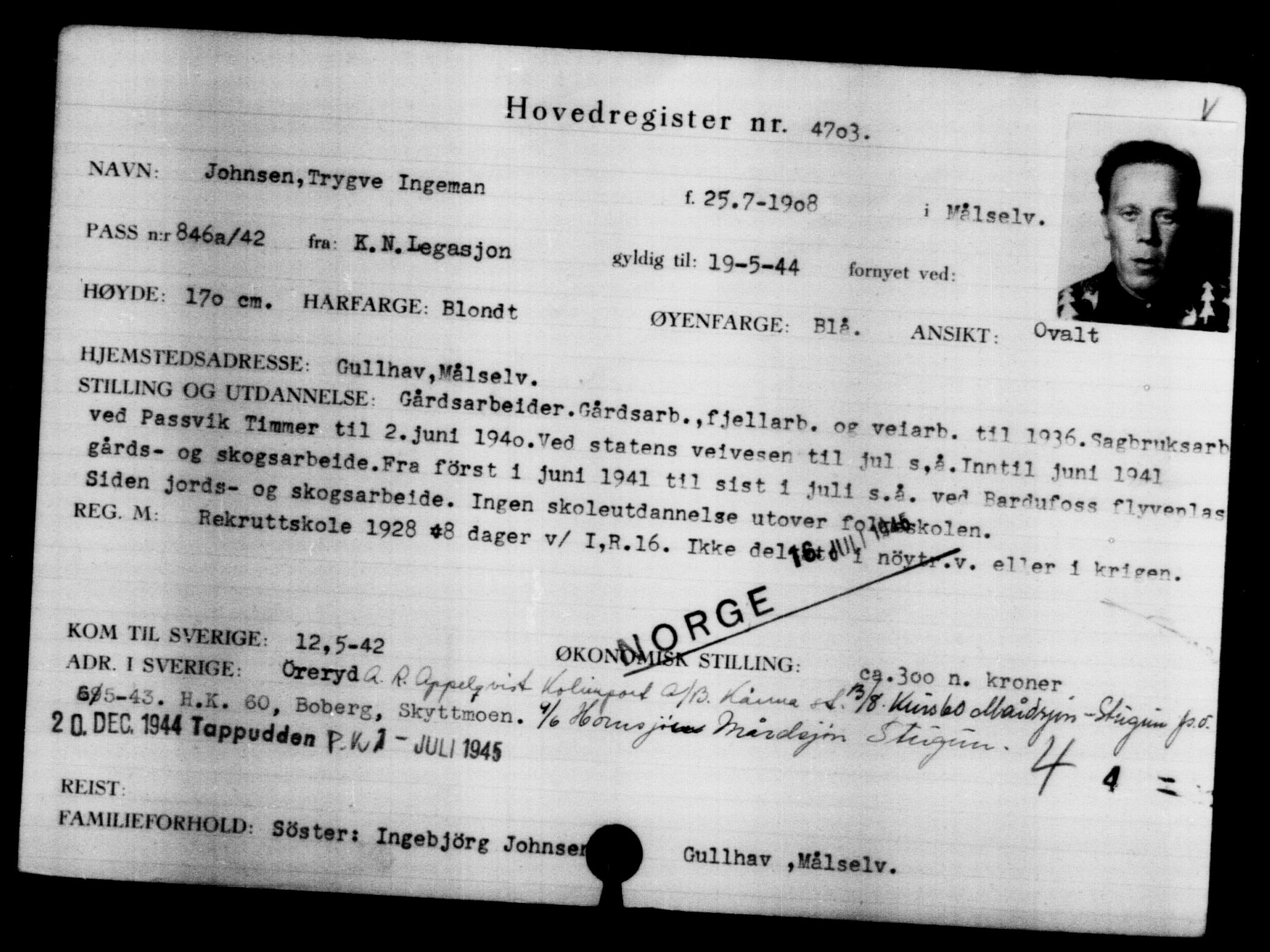 Utenriksstasjonene, Legasjonen i Stockholm, Flyktningkontoret, AV/RA-S-6753/V/Va/L0004: Kjesäterkartoteket, flyktninger med registreringsnr. 3496-6610, 1940-1945, p. 1425