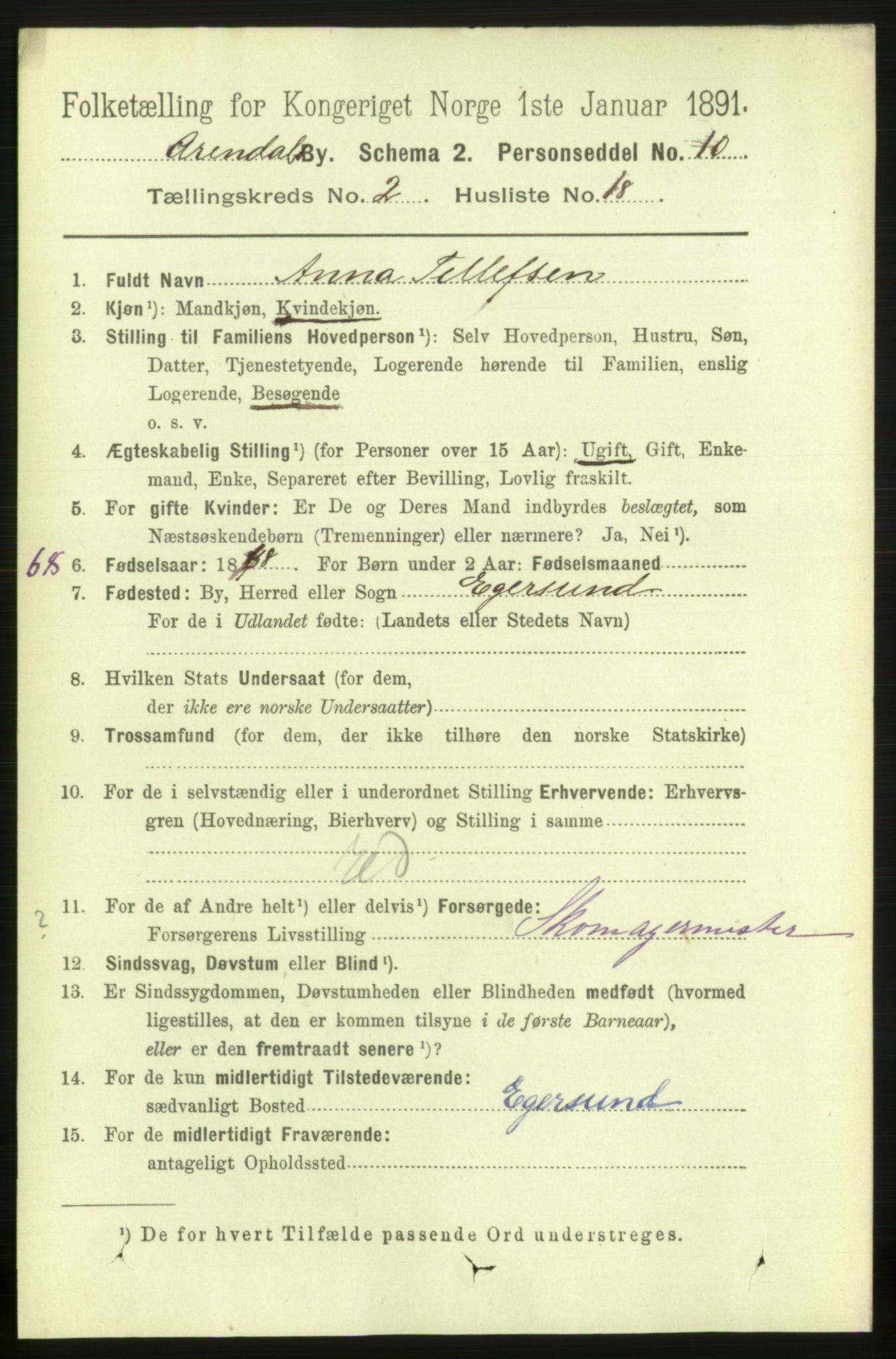 RA, 1891 census for 0903 Arendal, 1891, p. 1434