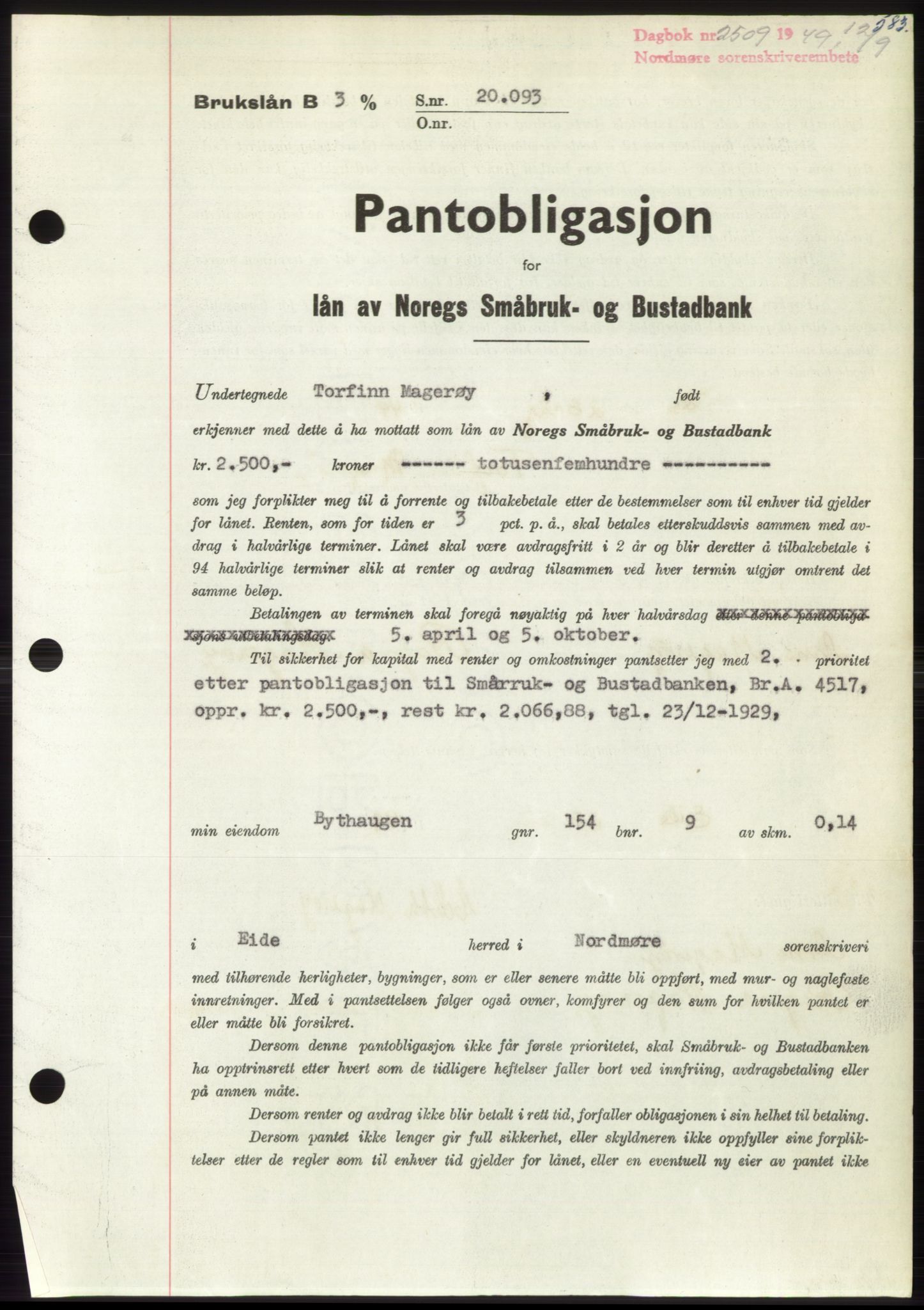 Nordmøre sorenskriveri, AV/SAT-A-4132/1/2/2Ca: Mortgage book no. B102, 1949-1949, Diary no: : 2509/1949