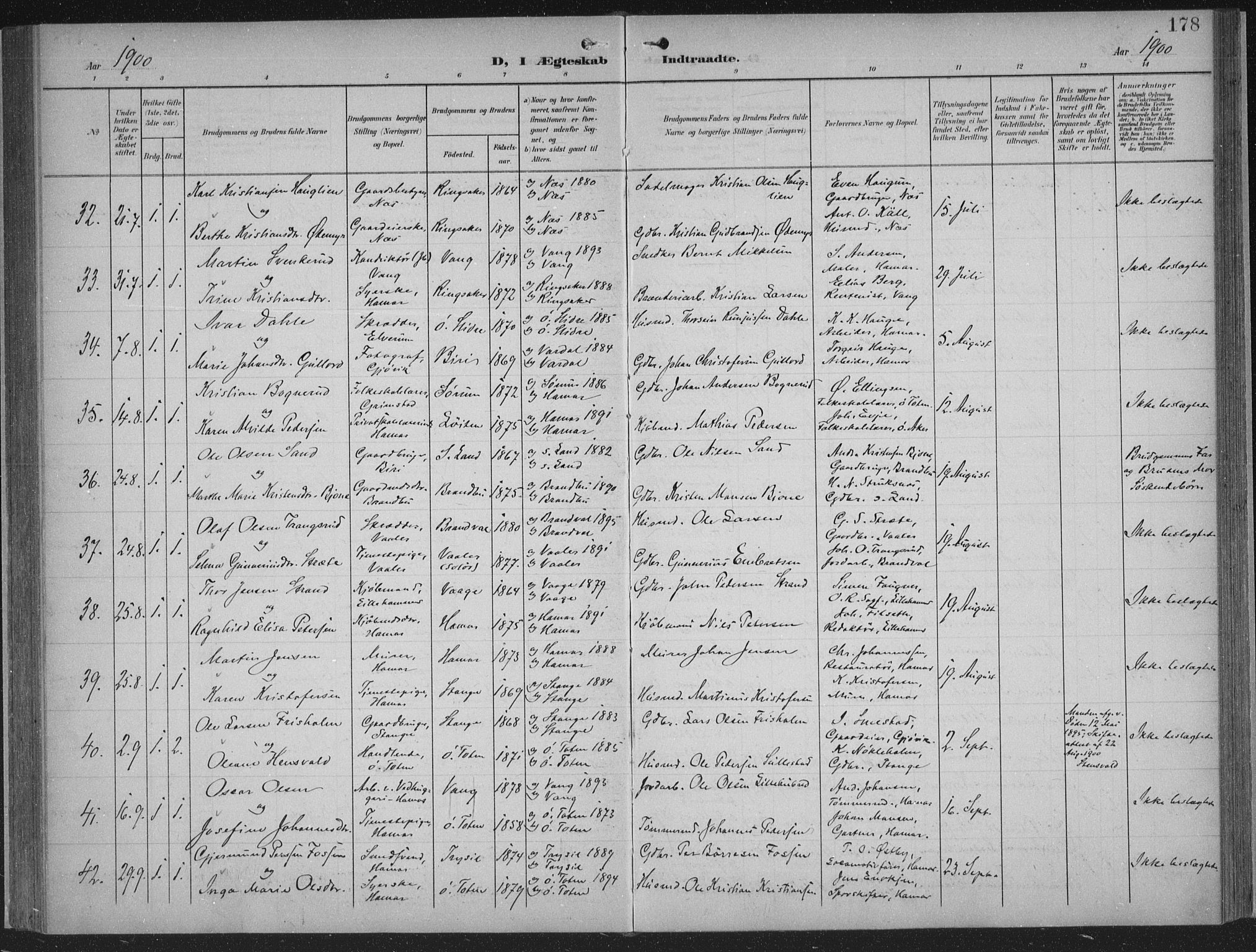 Hamar prestekontor, AV/SAH-DOMPH-002/H/Ha/Haa/L0001: Parish register (official) no. 1, 1900-1914, p. 178