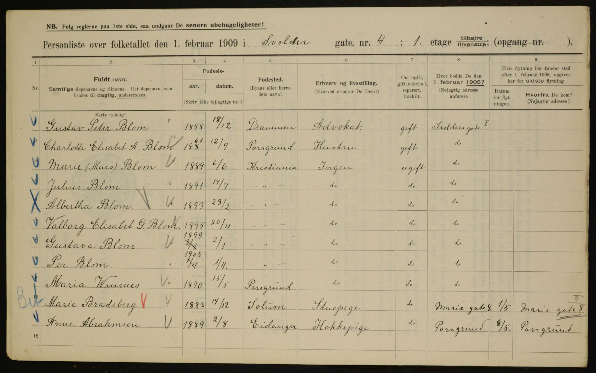 OBA, Municipal Census 1909 for Kristiania, 1909, p. 96075