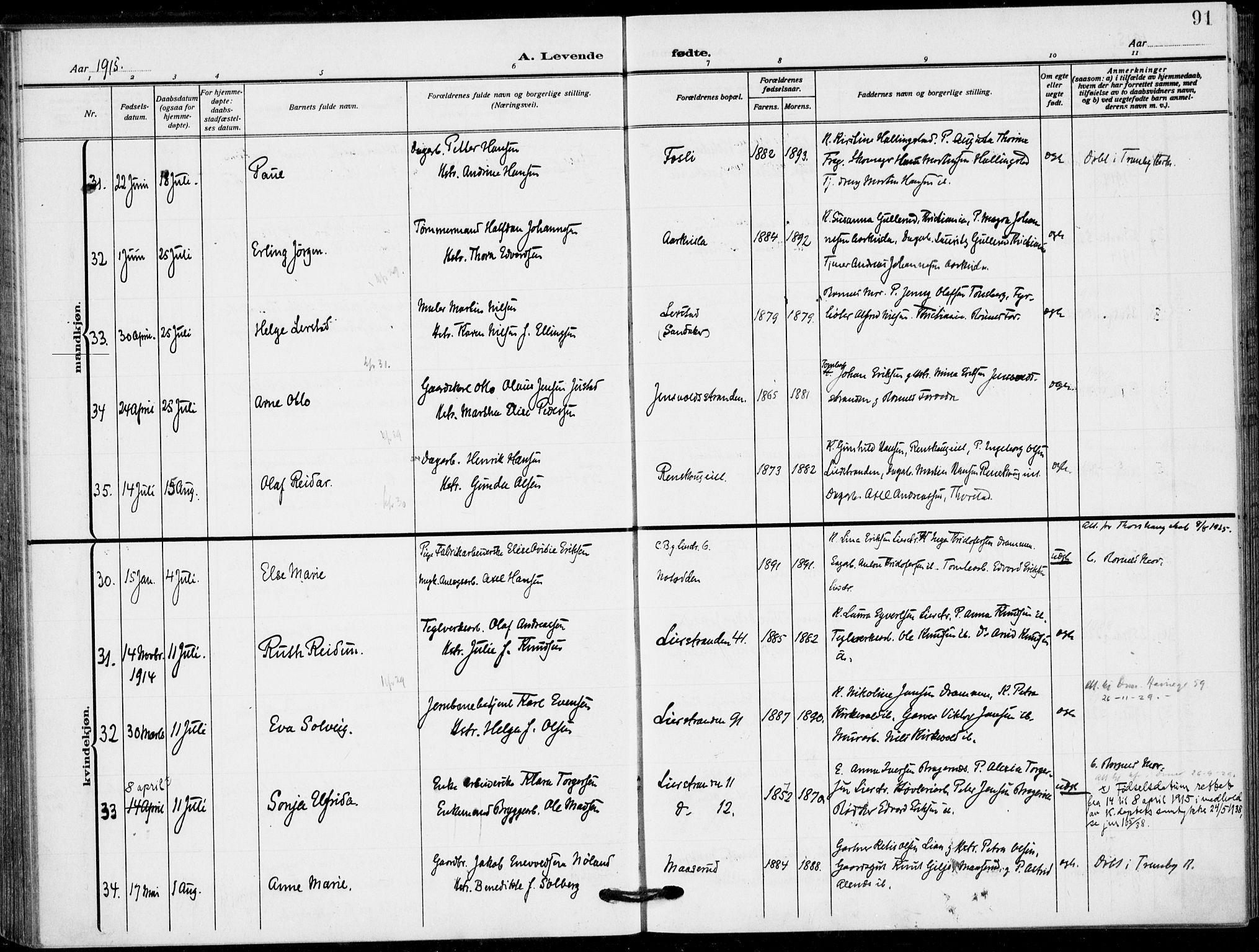 Lier kirkebøker, AV/SAKO-A-230/F/Fa/L0018: Parish register (official) no. I 18, 1909-1917, p. 91