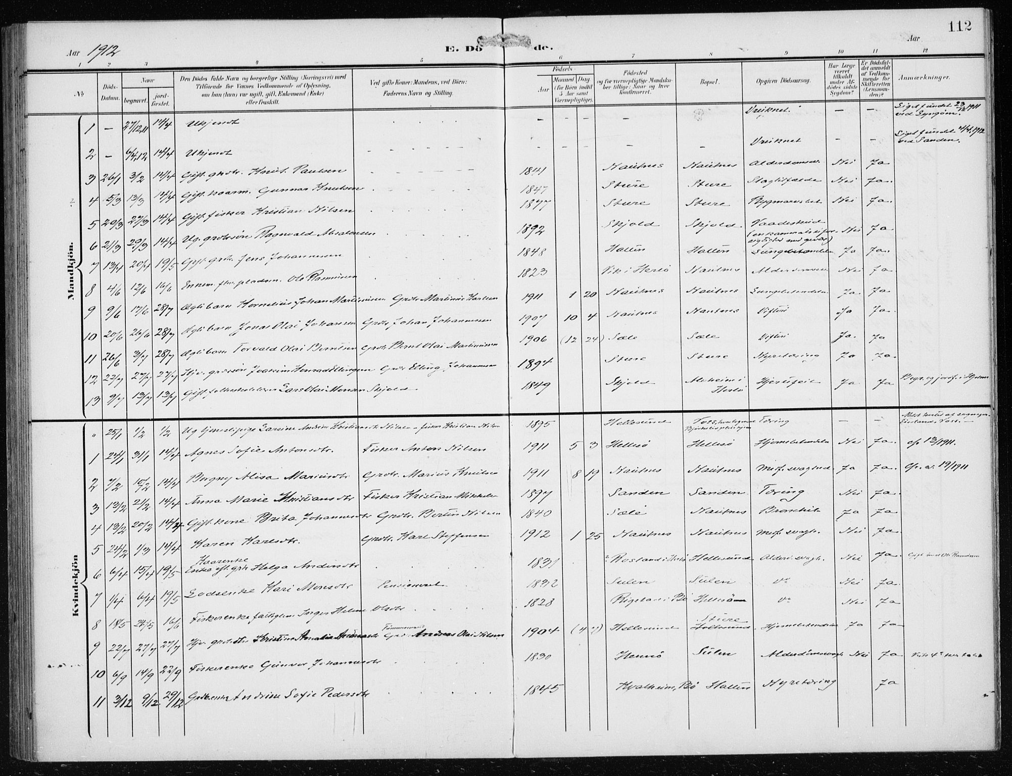 Herdla Sokneprestembete, AV/SAB-A-75701/H/Haa: Parish register (official) no. B 1, 1902-1921, p. 112