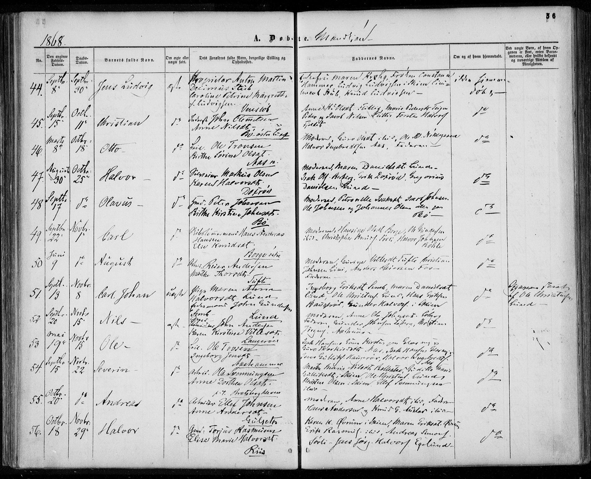 Gjerpen kirkebøker, SAKO/A-265/F/Fa/L0008a: Parish register (official) no. I 8A, 1857-1871, p. 56