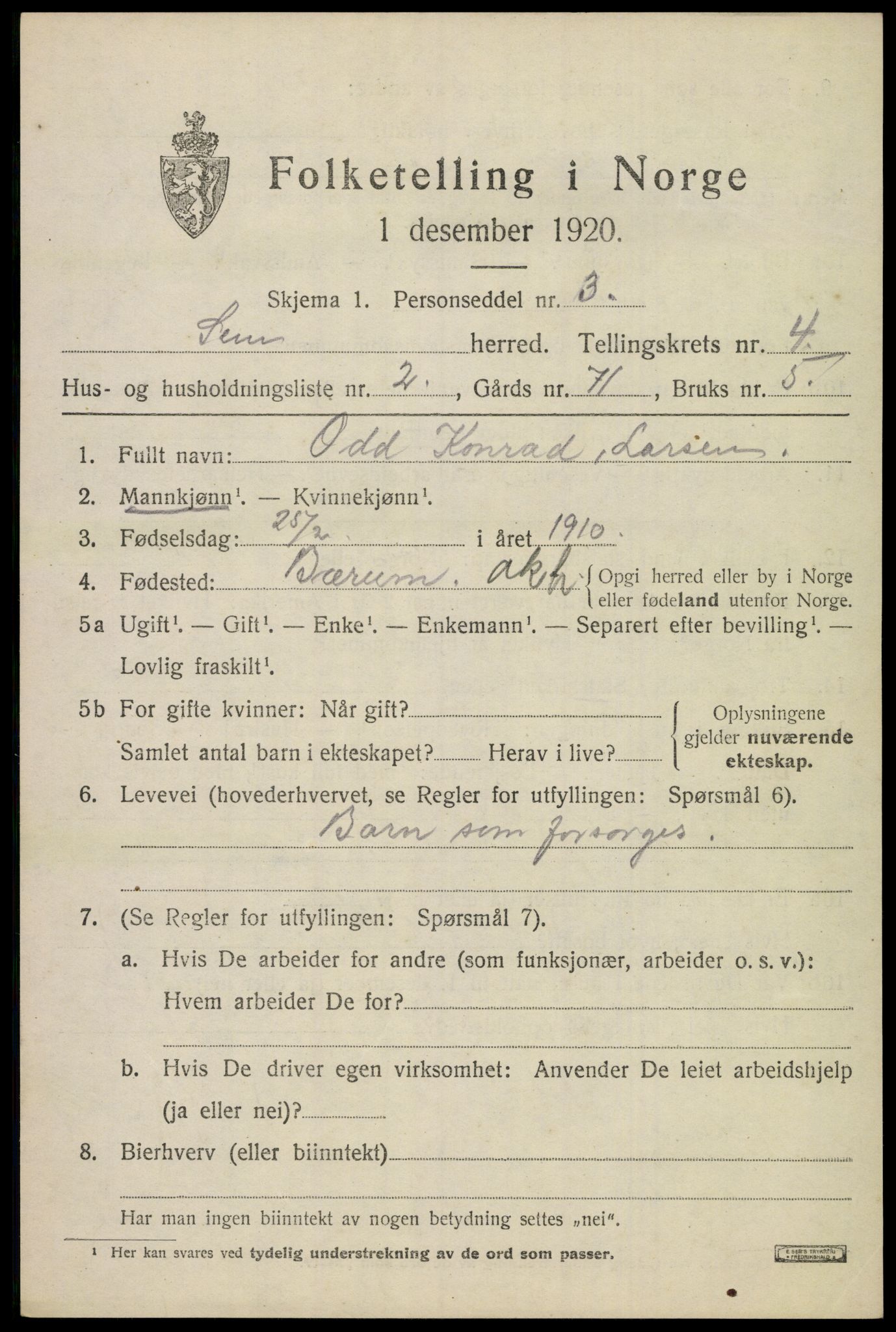 SAKO, 1920 census for Sem, 1920, p. 7091