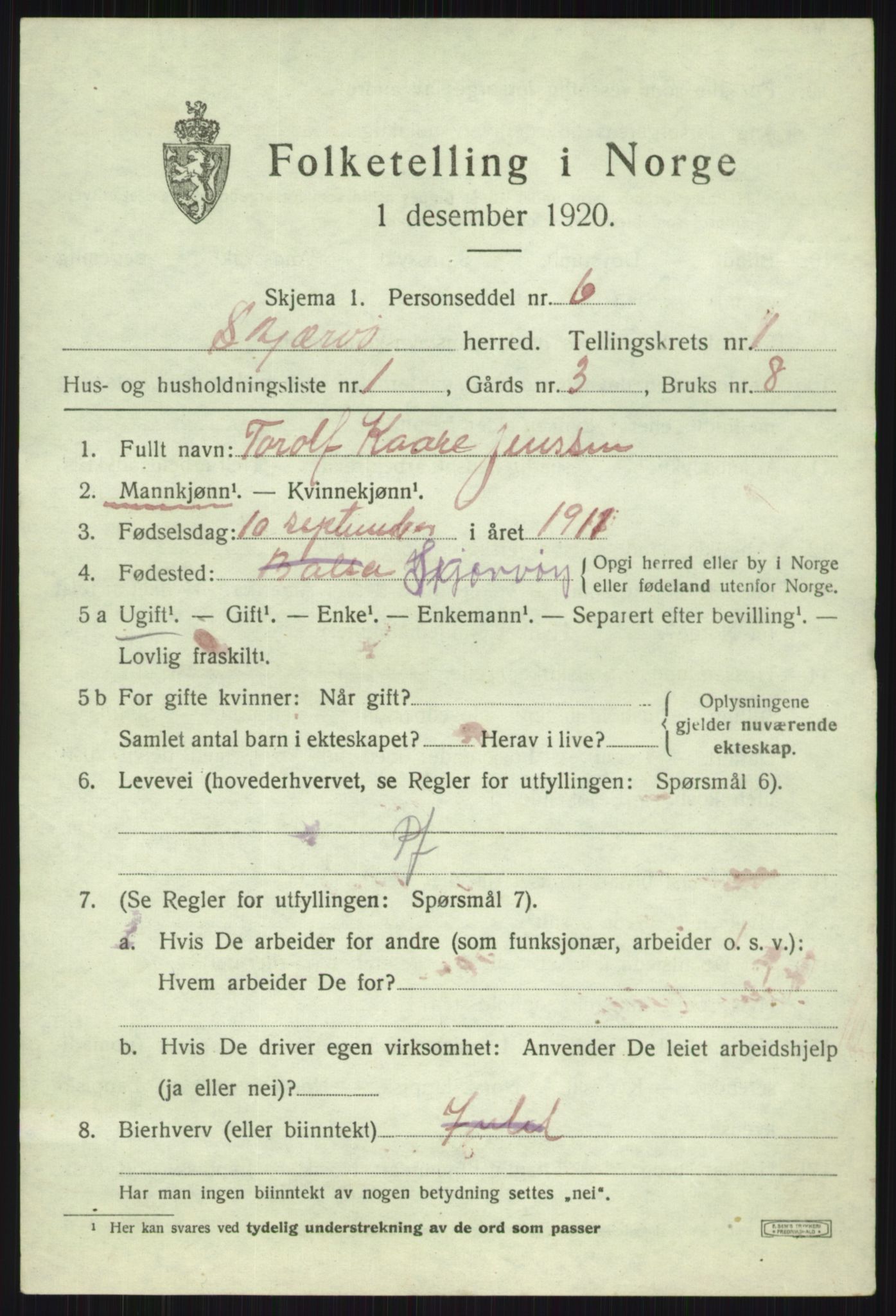 SATØ, 1920 census for Skjervøy, 1920, p. 1213