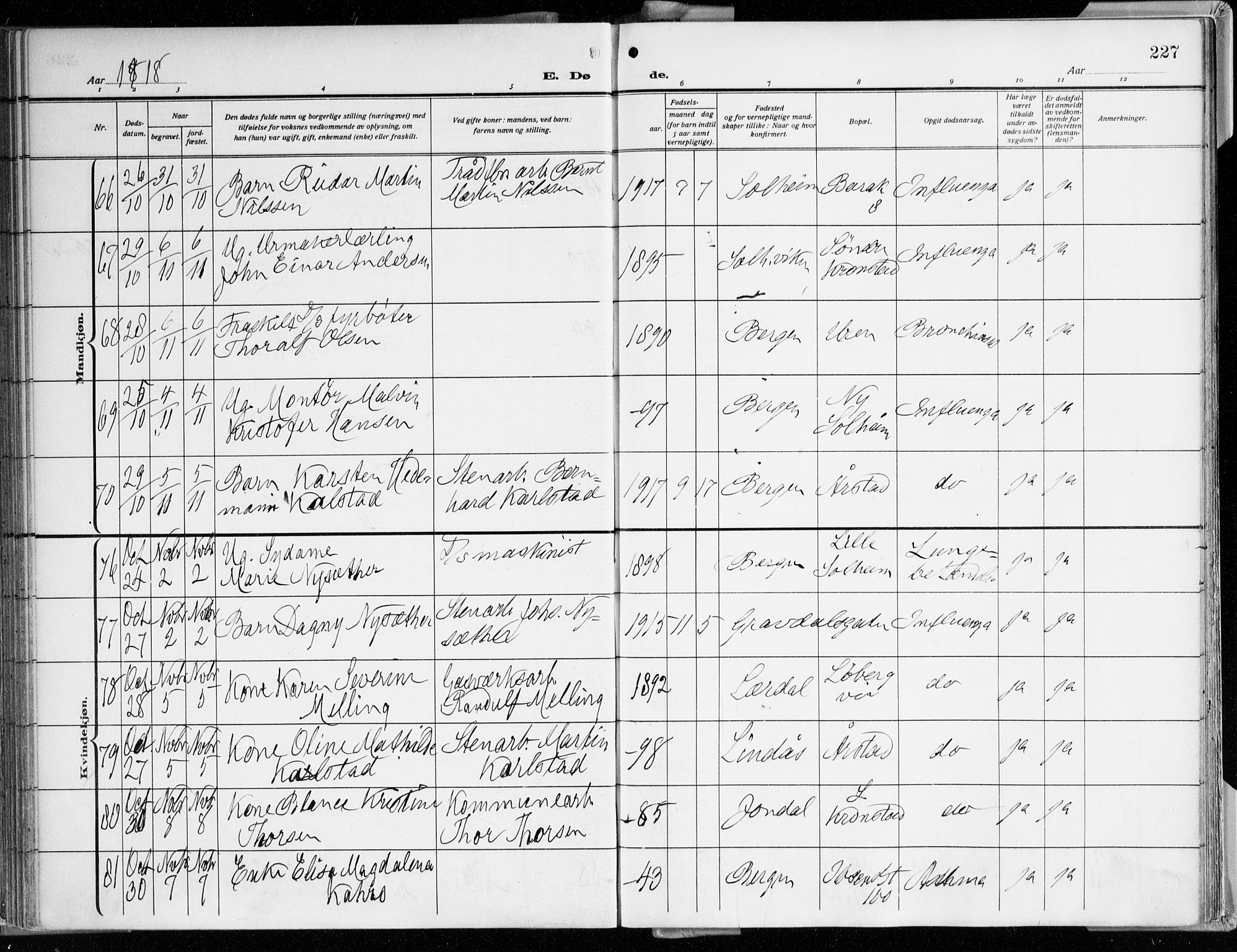 Årstad Sokneprestembete, AV/SAB-A-79301/H/Haa/L0003: Parish register (official) no. A 3, 1914-1919, p. 227