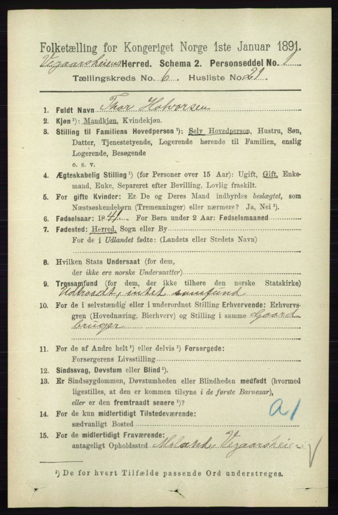 RA, 1891 census for 0912 Vegårshei, 1891, p. 1288