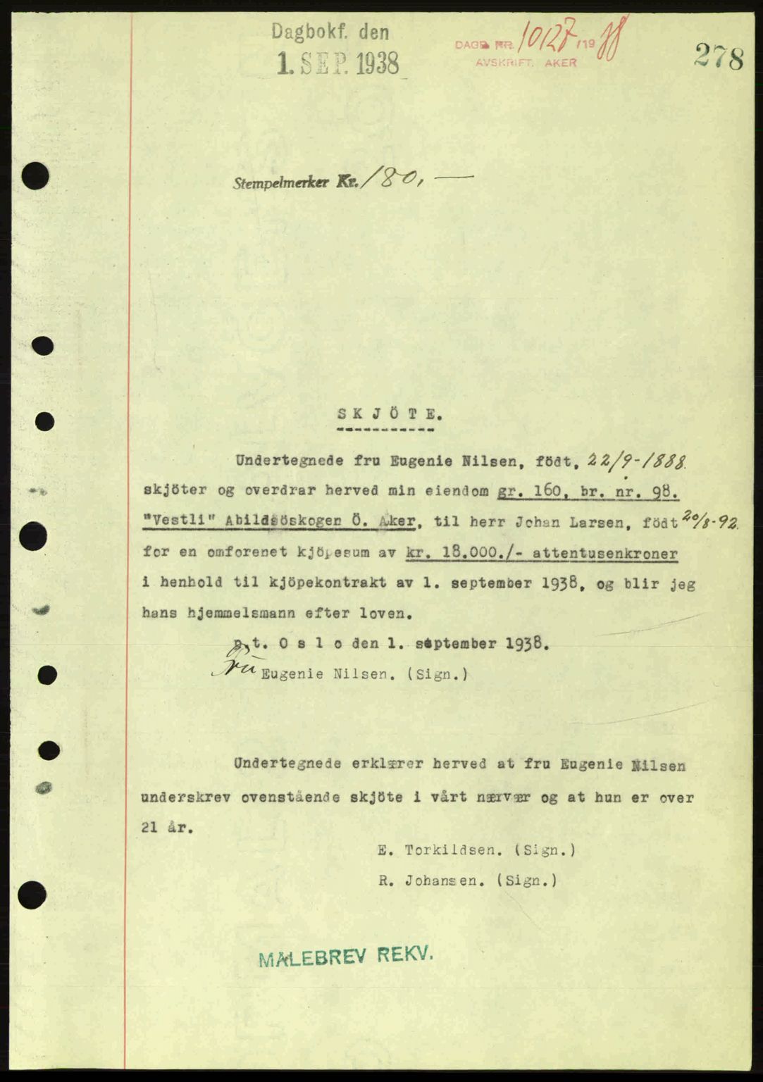 Aker herredsskriveri, SAO/A-10896/G/Gb/Gba/Gbab/L0025: Mortgage book no. A154-155, 1938-1938, Diary no: : 10127/1938