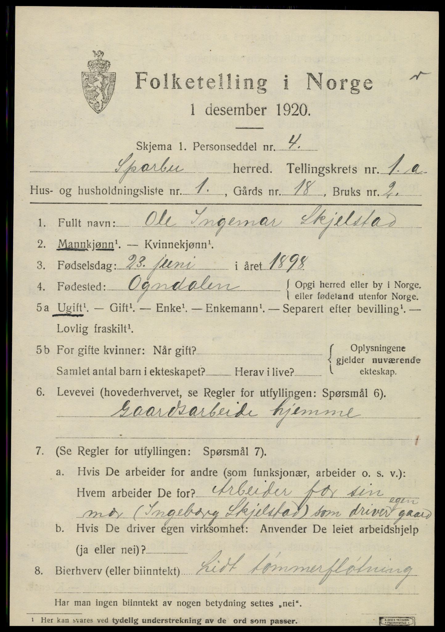 SAT, 1920 census for Sparbu, 1920, p. 1009