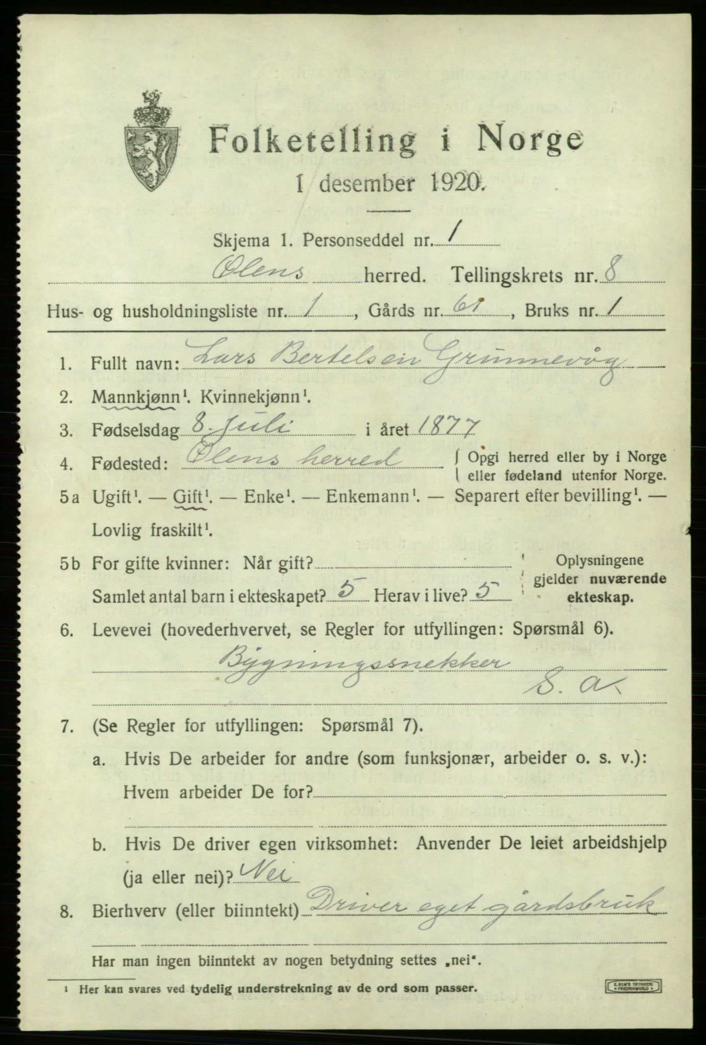SAB, 1920 census for Ølen, 1920, p. 3395