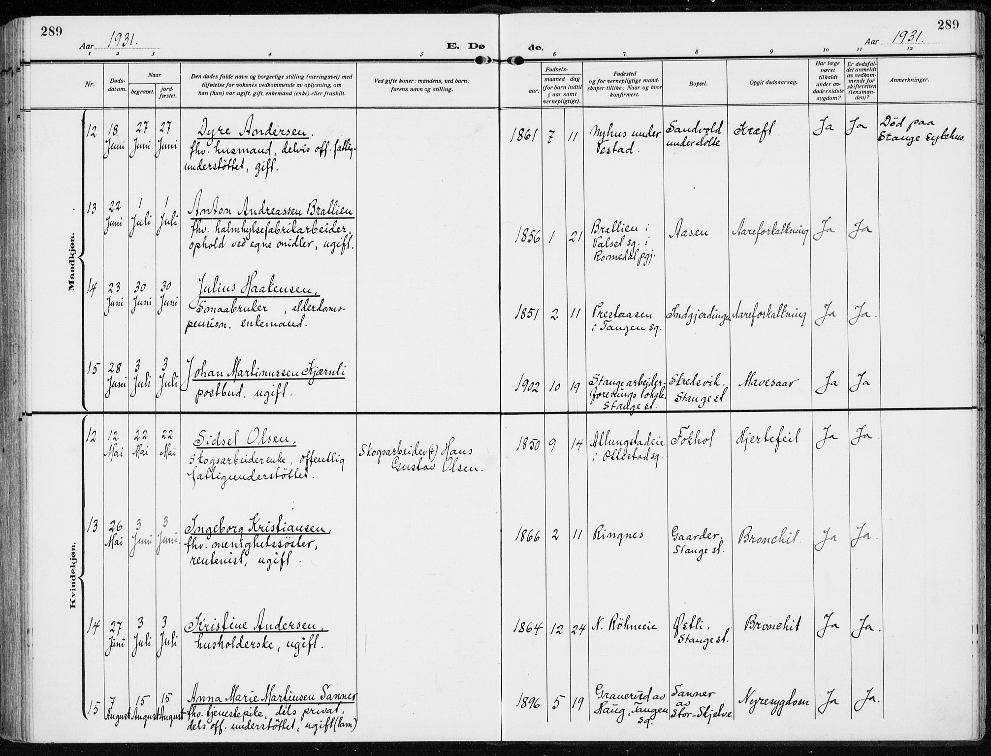 Stange prestekontor, AV/SAH-PREST-002/K/L0026: Parish register (official) no. 26, 1923-1937, p. 289