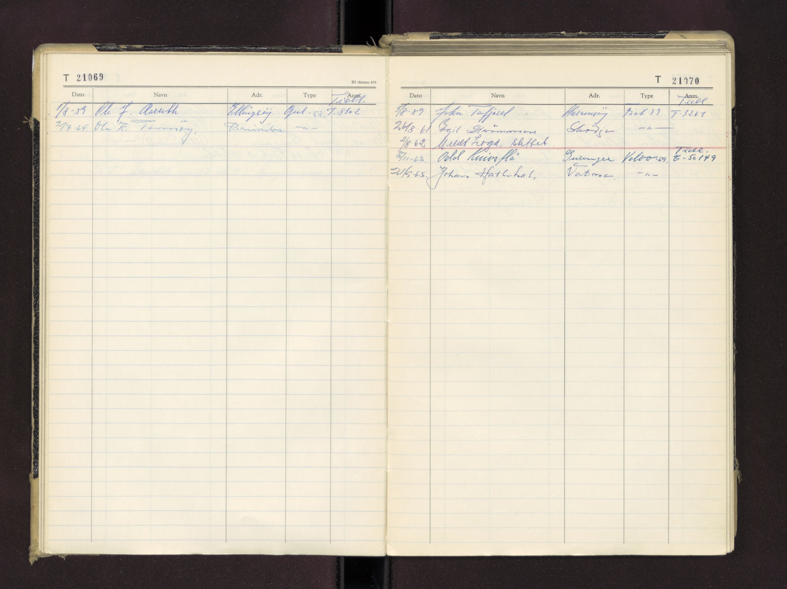Møre og Romsdal vegkontor - Ålesund trafikkstasjon, AV/SAT-A-4099/F/Fc/L0016: Bilregister; T 21000 - T 21499, 1955-1970
