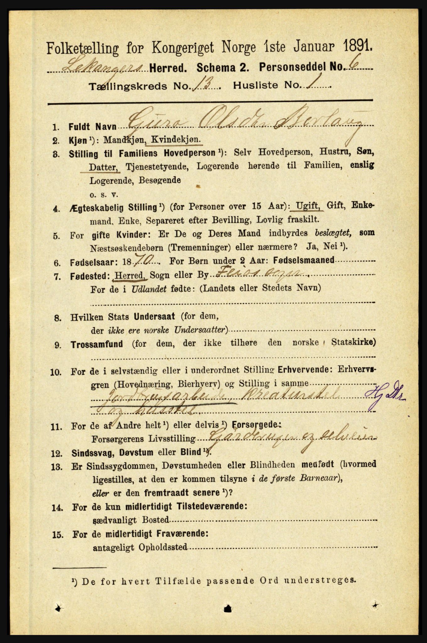 RA, 1891 census for 1419 Leikanger, 1891, p. 2460