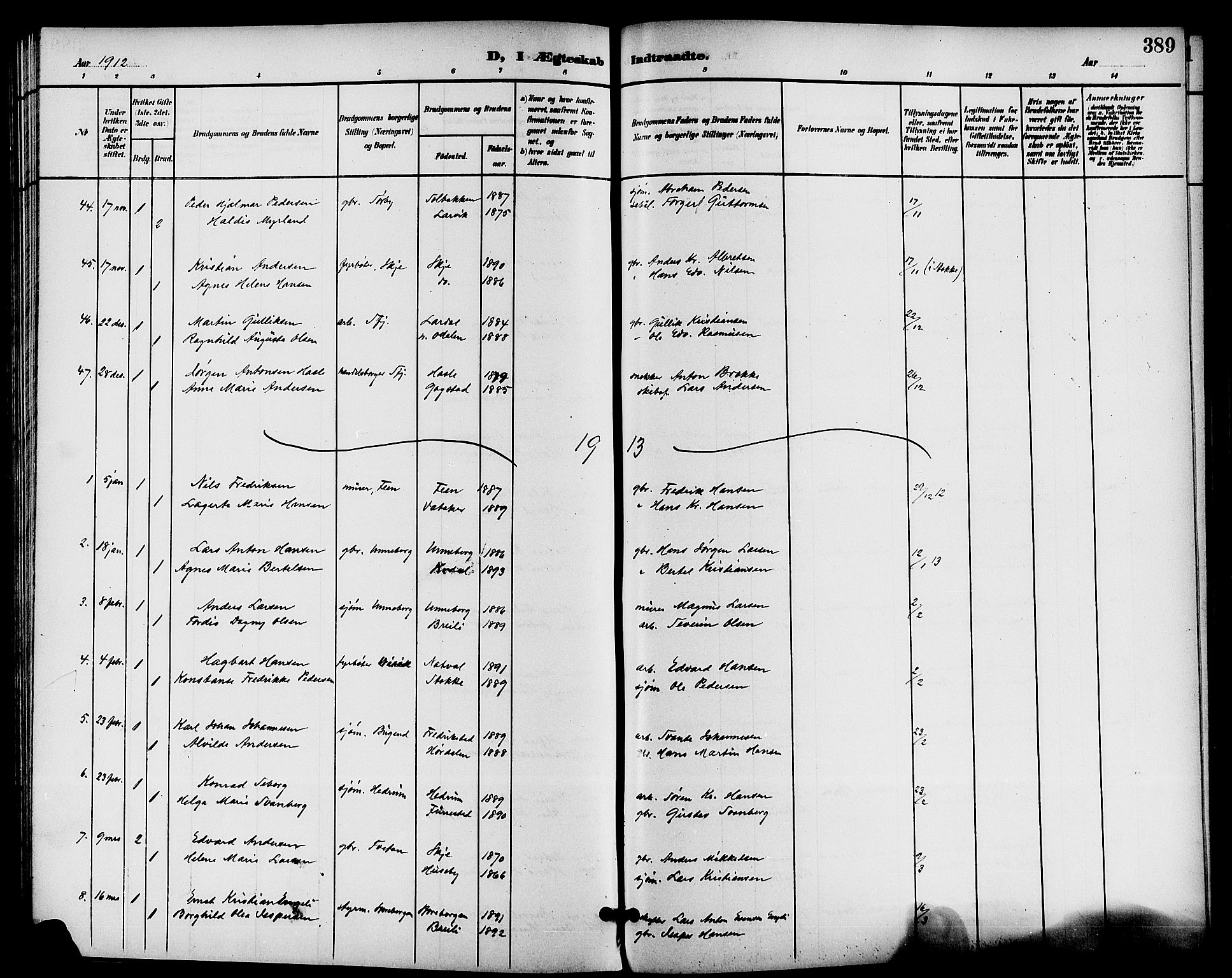 Sandar kirkebøker, AV/SAKO-A-243/G/Ga/L0002: Parish register (copy) no. 2, 1900-1915, p. 389