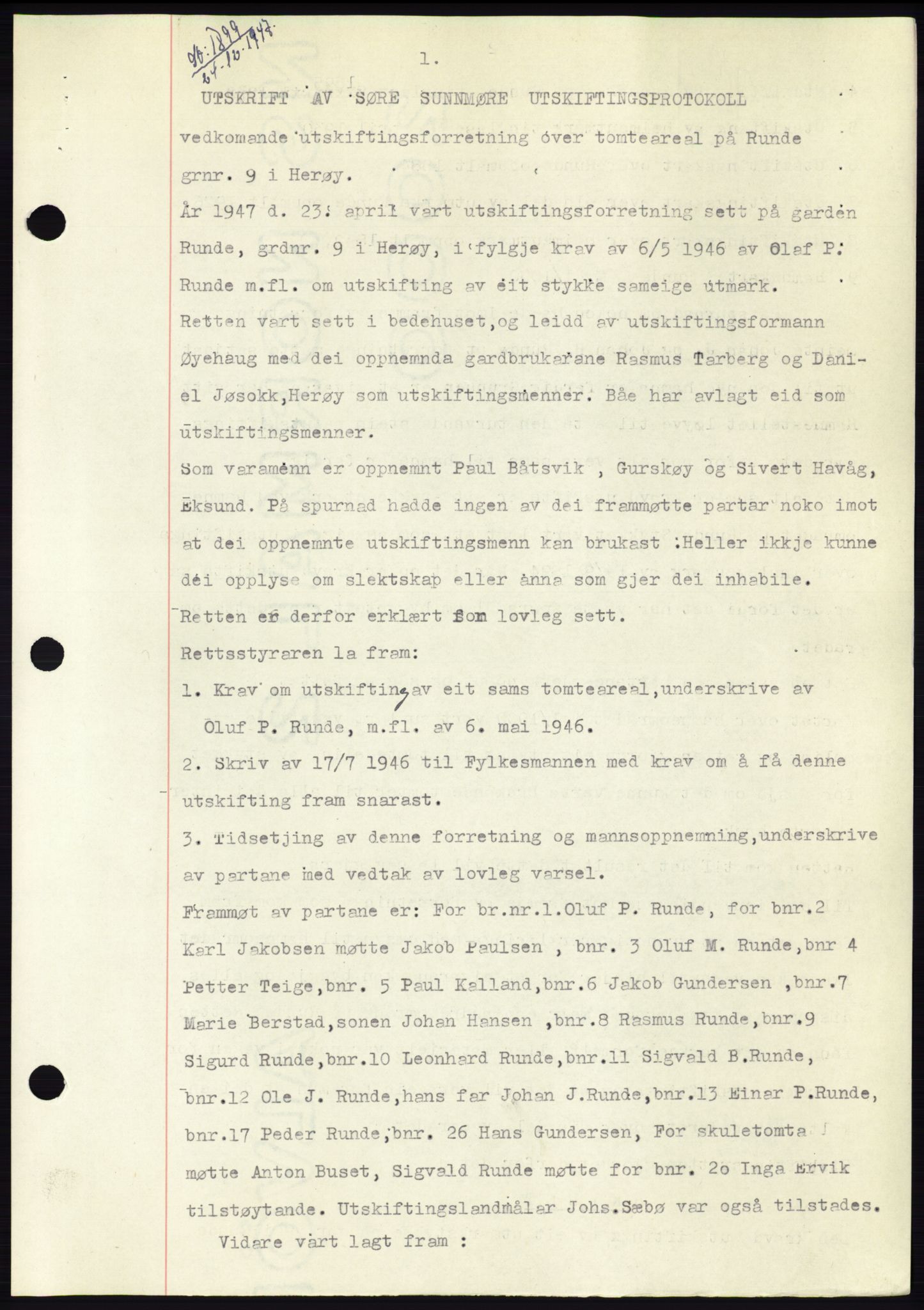 Søre Sunnmøre sorenskriveri, AV/SAT-A-4122/1/2/2C/L0081: Mortgage book no. 7A, 1947-1948, Diary no: : 1899/1947