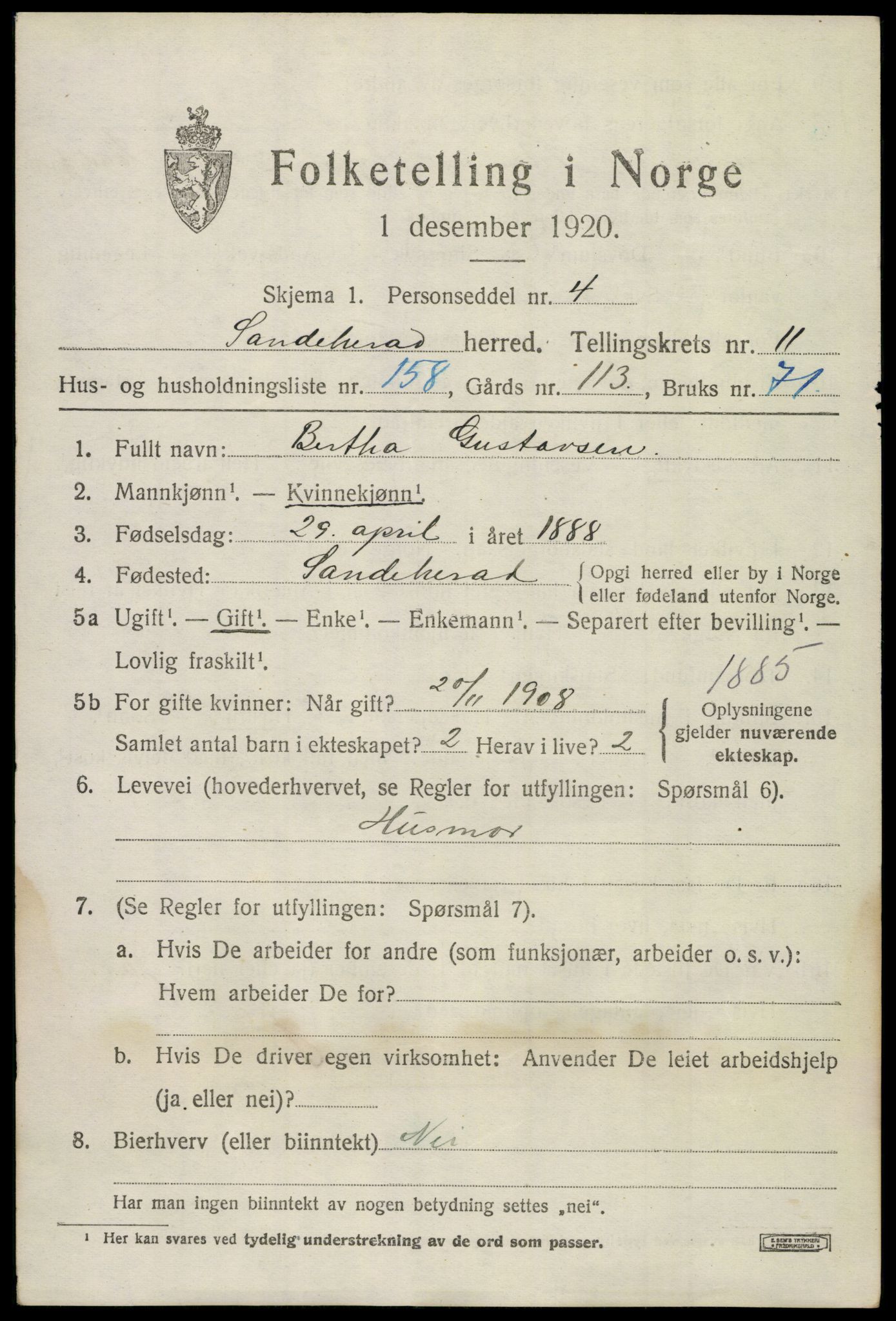 SAKO, 1920 census for Sandeherred, 1920, p. 18082