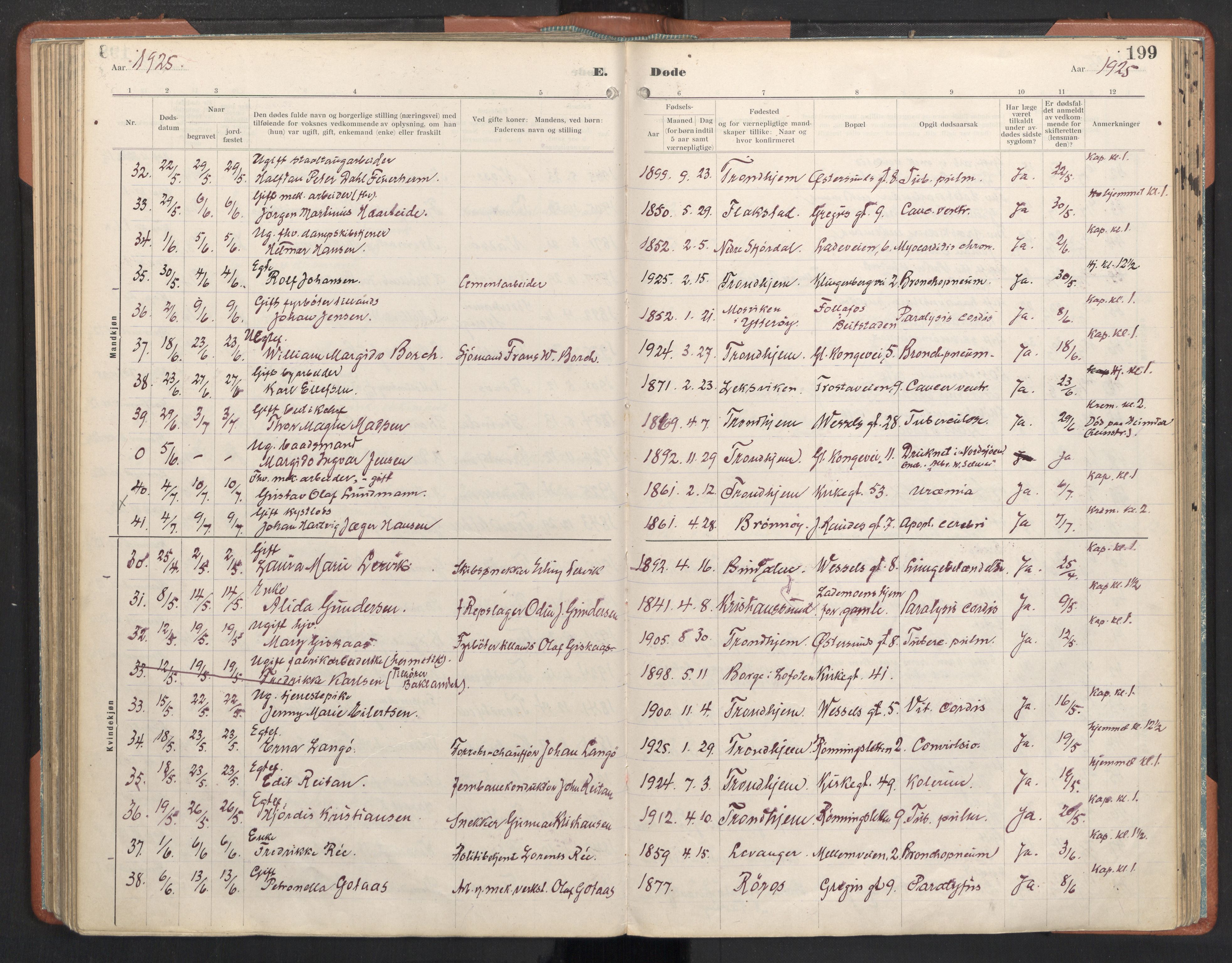 Ministerialprotokoller, klokkerbøker og fødselsregistre - Sør-Trøndelag, AV/SAT-A-1456/605/L0245: Parish register (official) no. 605A07, 1916-1938, p. 199