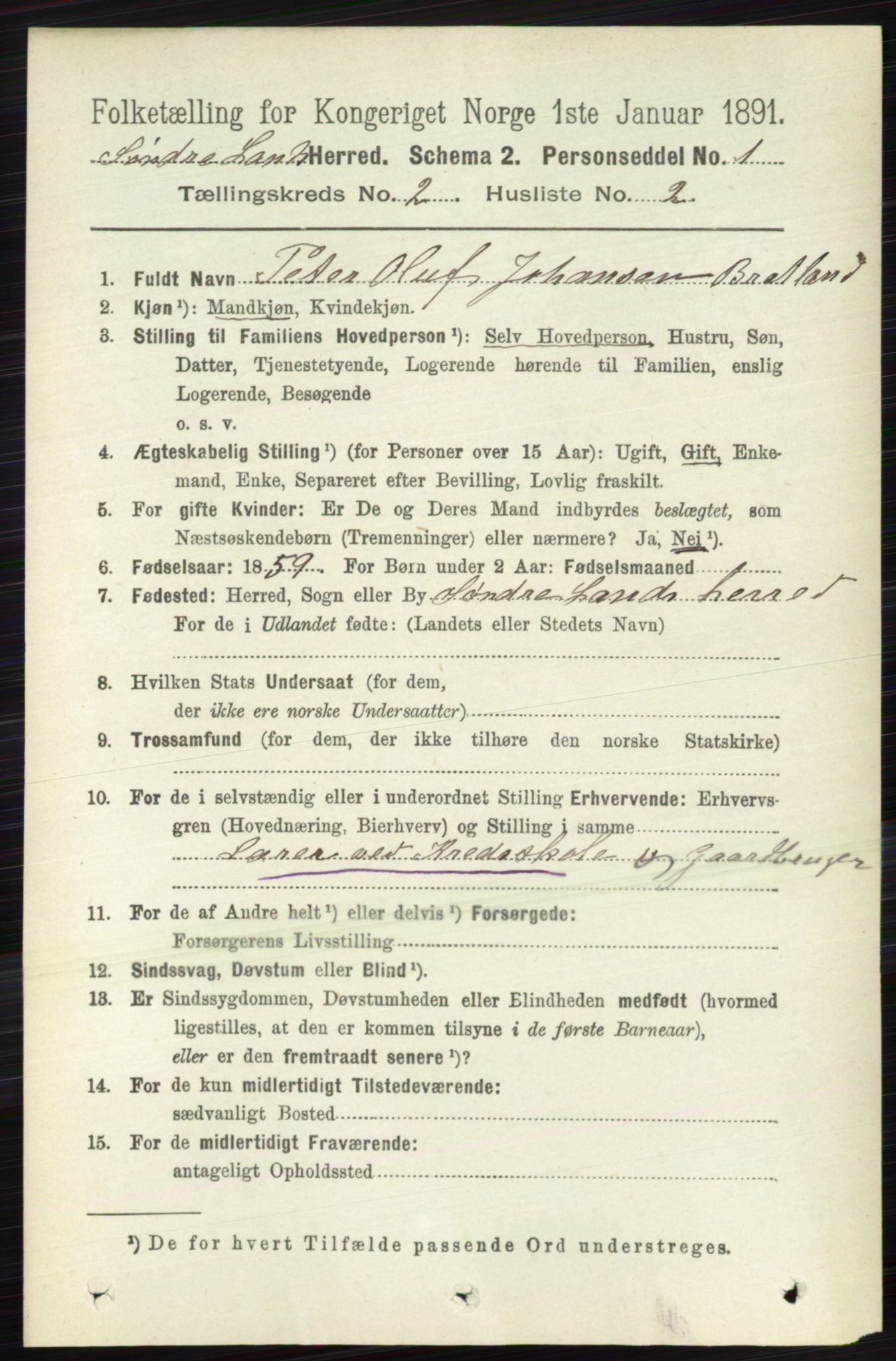 RA, 1891 census for 0536 Søndre Land, 1891, p. 1036