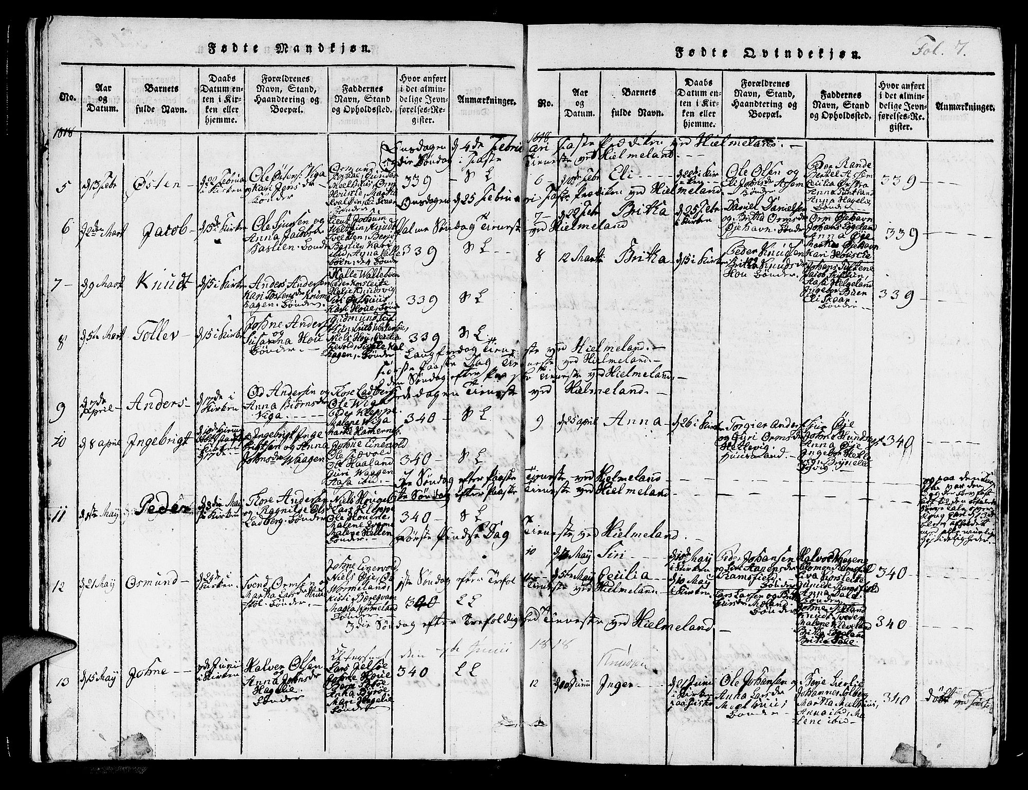 Hjelmeland sokneprestkontor, AV/SAST-A-101843/01/IV/L0003: Parish register (official) no. A 3, 1816-1834, p. 7