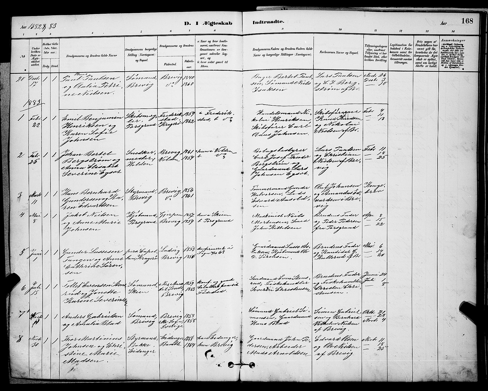 Brevik kirkebøker, SAKO/A-255/G/Ga/L0004: Parish register (copy) no. 4, 1882-1900, p. 168