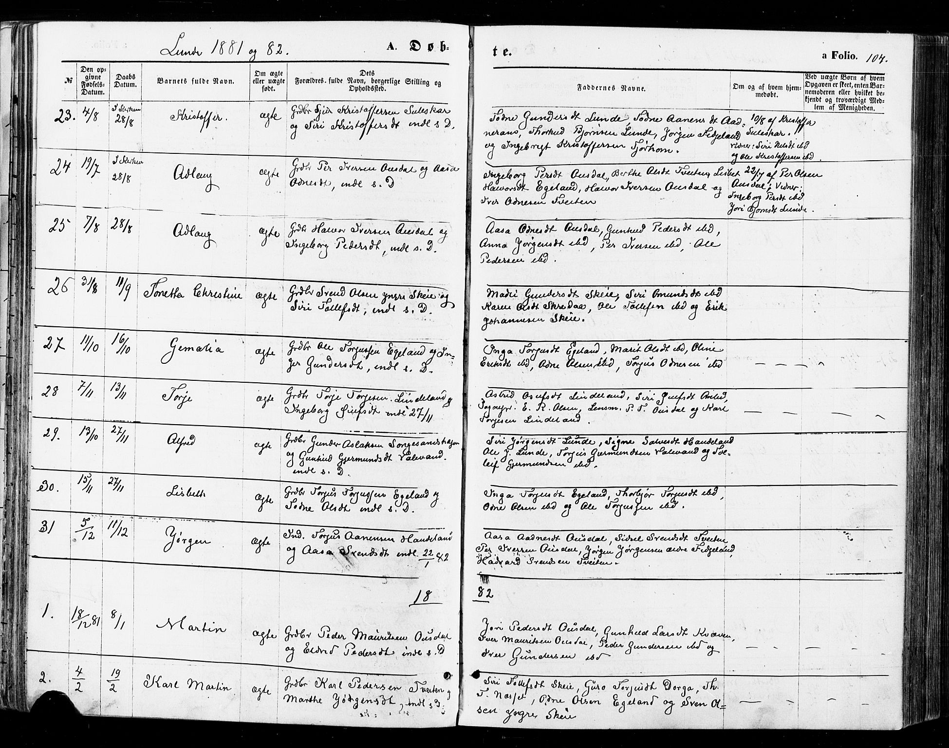 Sirdal sokneprestkontor, AV/SAK-1111-0036/F/Fa/Fab/L0003: Parish register (official) no. A 3, 1874-1886, p. 104