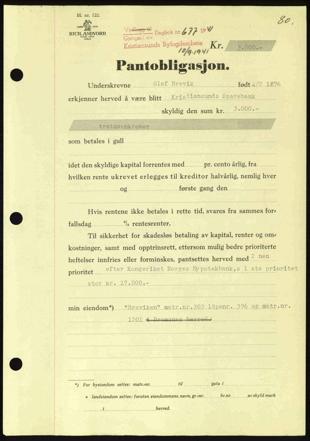 Kristiansund byfogd, AV/SAT-A-4587/A/27: Mortgage book no. 35, 1941-1942, Diary no: : 677/1941