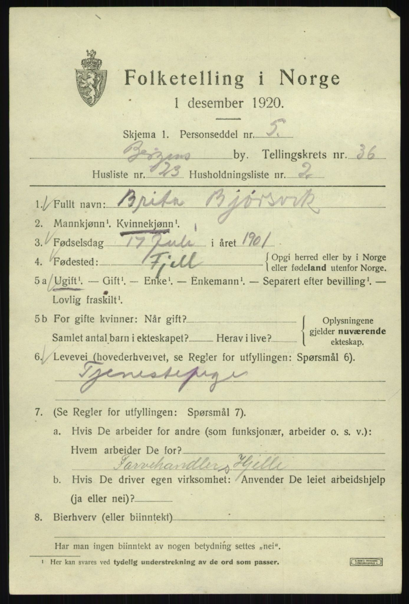 SAB, 1920 census for Bergen, 1920, p. 103517