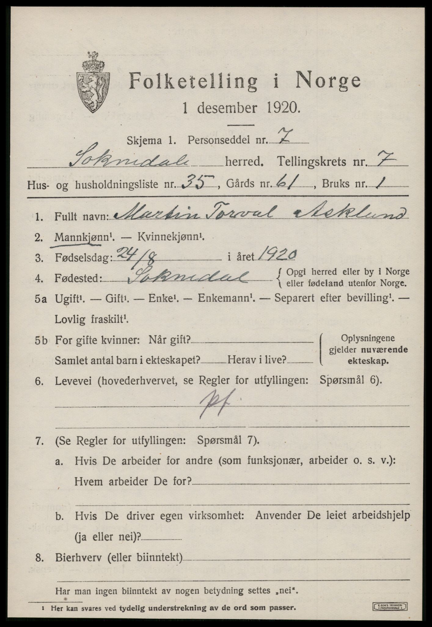 SAT, 1920 census for Soknedal, 1920, p. 3824