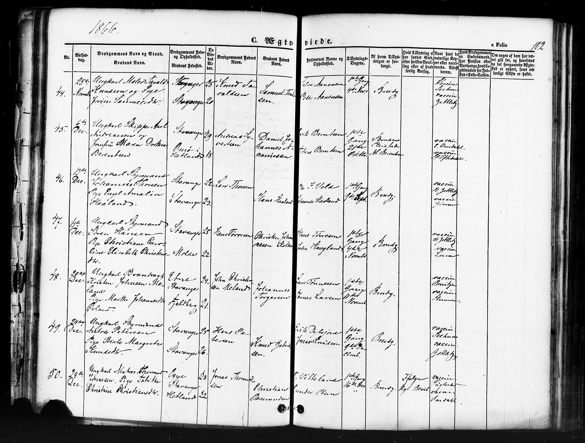 Domkirken sokneprestkontor, SAST/A-101812/001/30/30BB/L0011: Parish register (copy) no. B 11, 1858-1876, p. 102