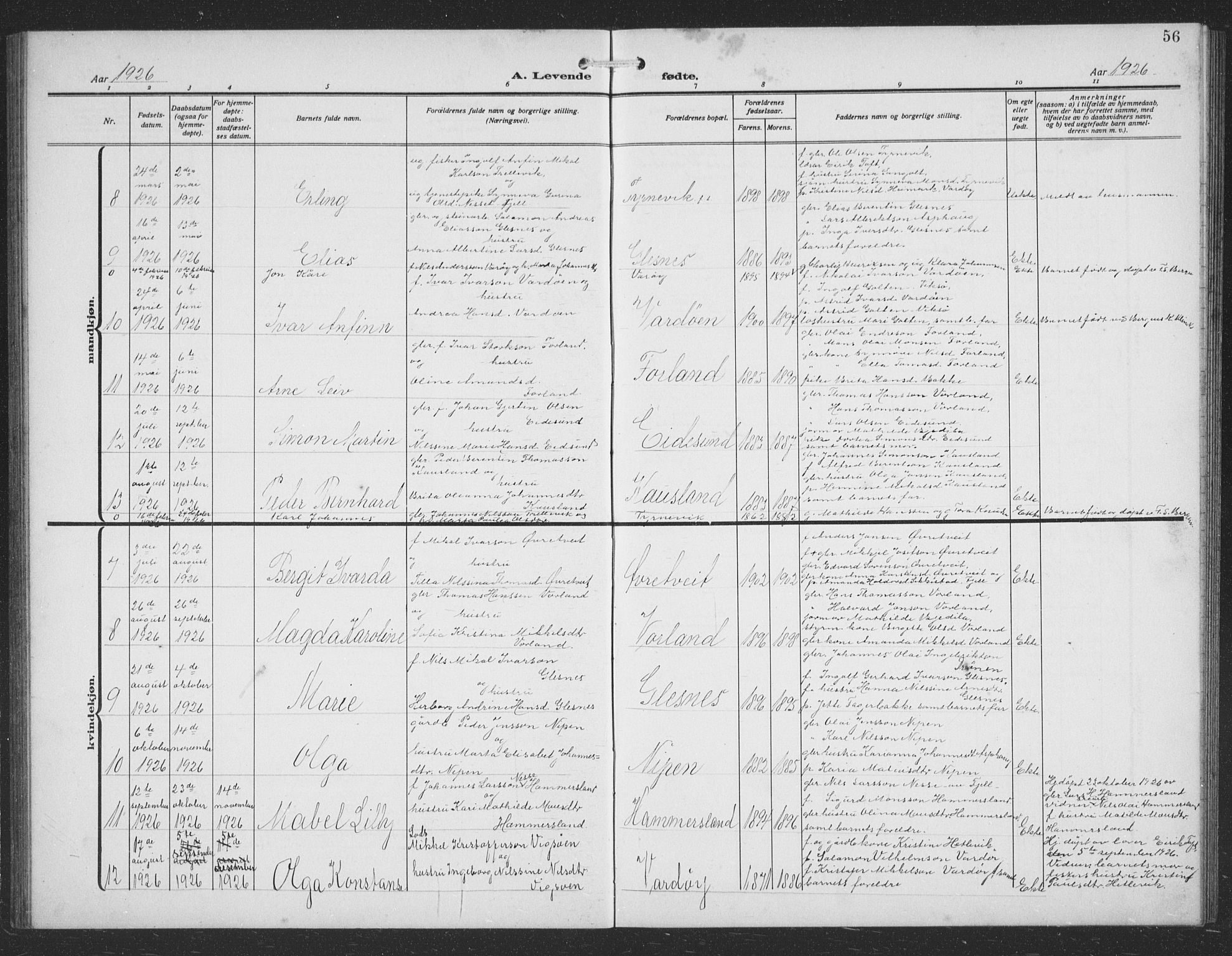 Sund sokneprestembete, AV/SAB-A-99930: Parish register (copy) no. C 1, 1913-1928, p. 56