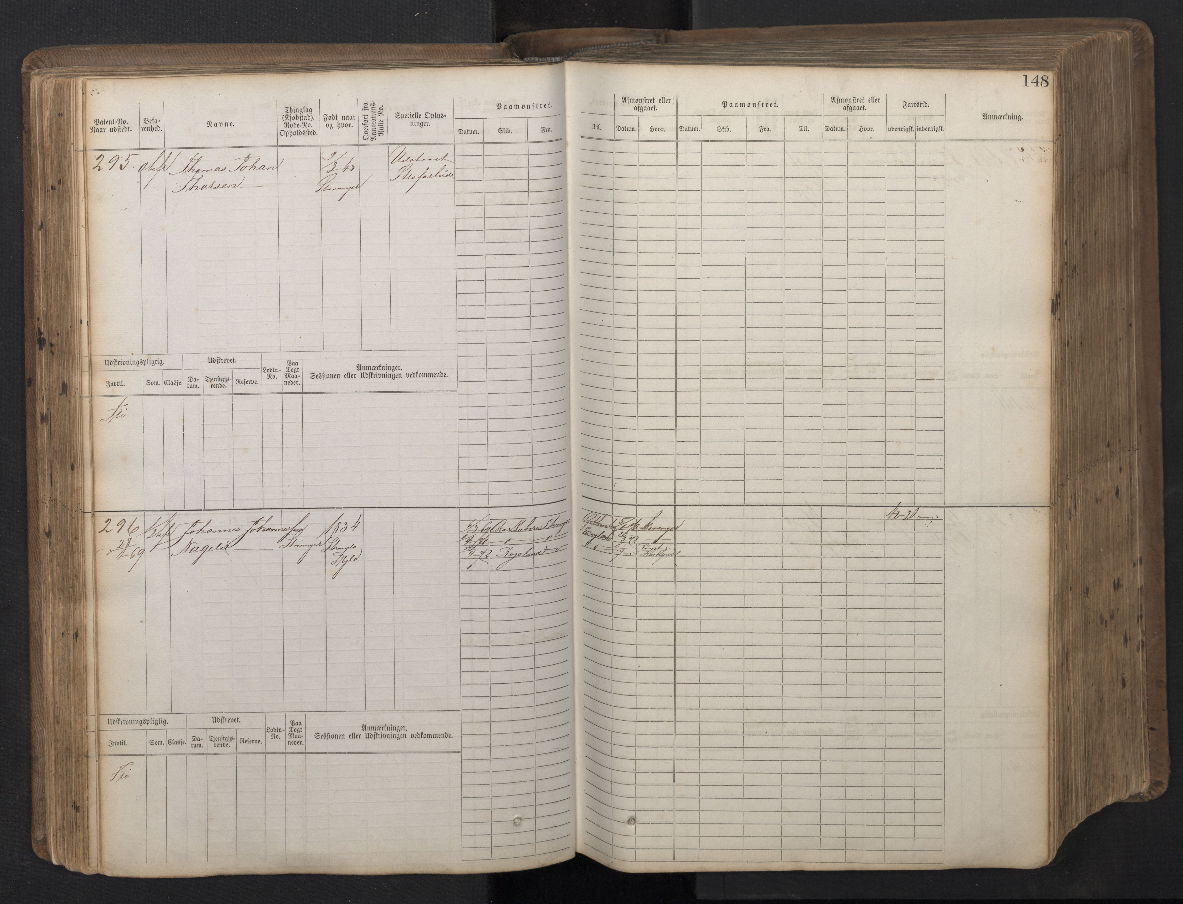 Stavanger sjømannskontor, AV/SAST-A-102006/F/Fb/Fbb/L0016: Sjøfartshovedrulle patnentnr. 1-1202 (dublett), 1869, p. 148