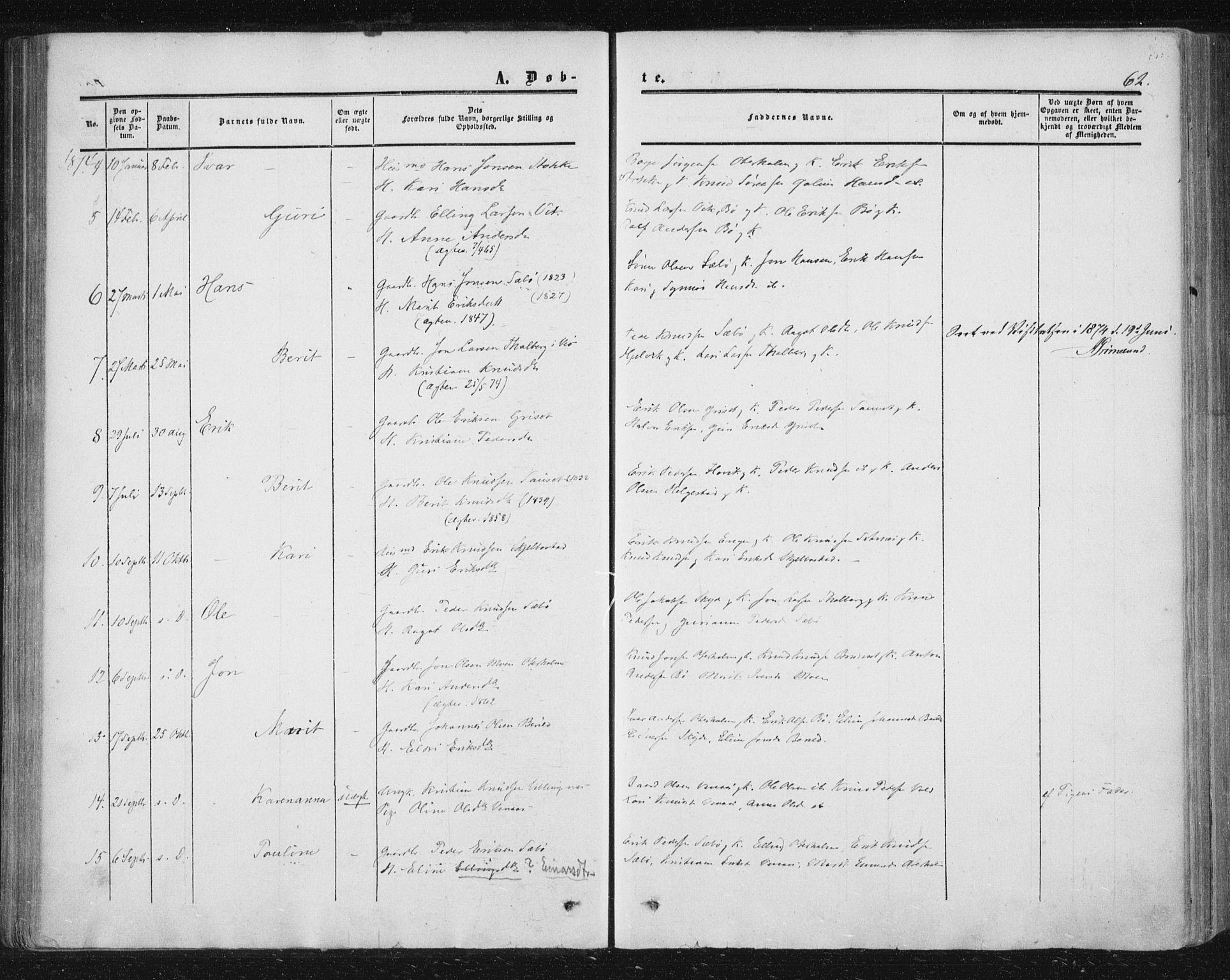 Ministerialprotokoller, klokkerbøker og fødselsregistre - Møre og Romsdal, AV/SAT-A-1454/543/L0562: Parish register (official) no. 543A02, 1854-1884, p. 62