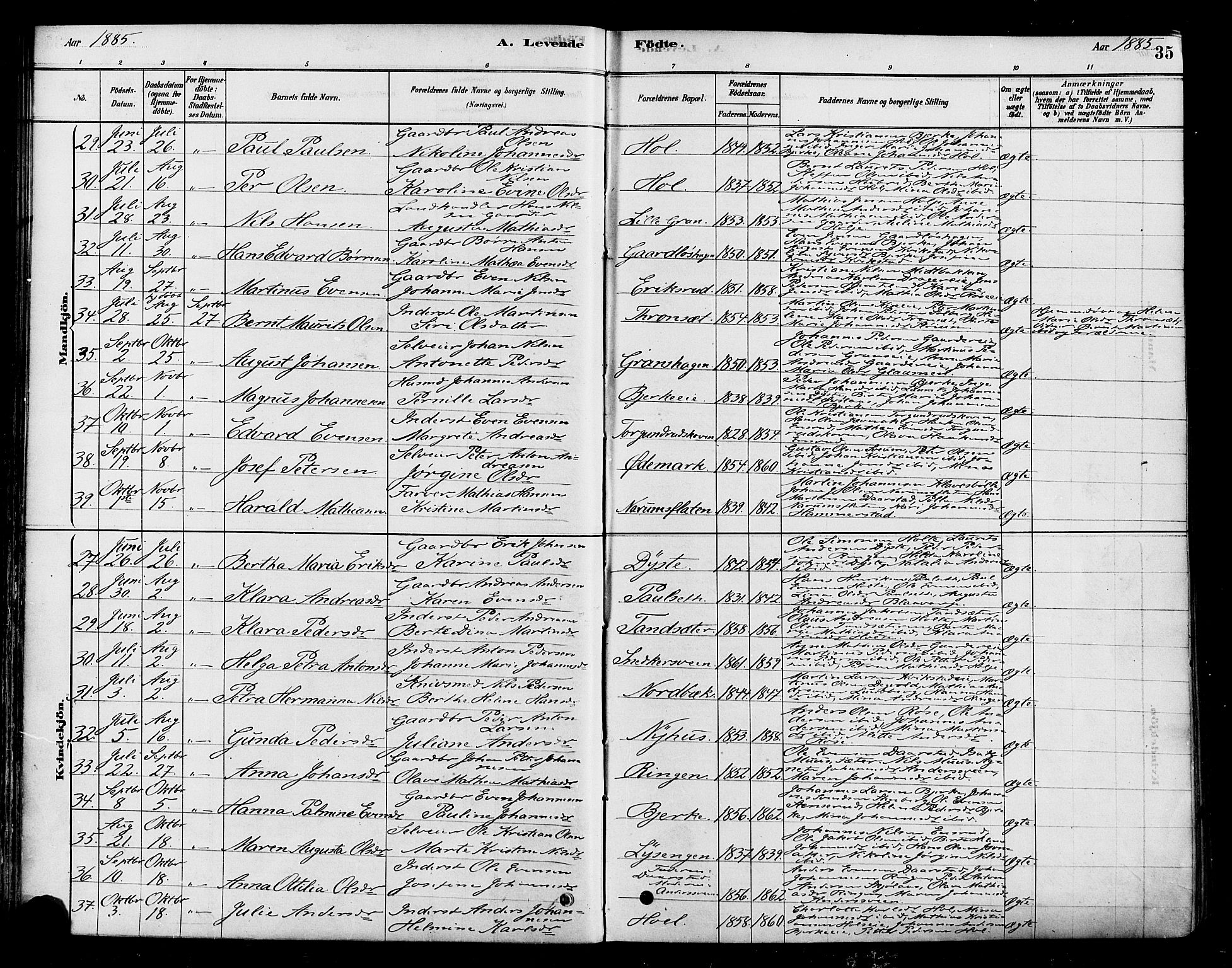 Vestre Toten prestekontor, SAH/PREST-108/H/Ha/Haa/L0010: Parish register (official) no. 10, 1878-1894, p. 35