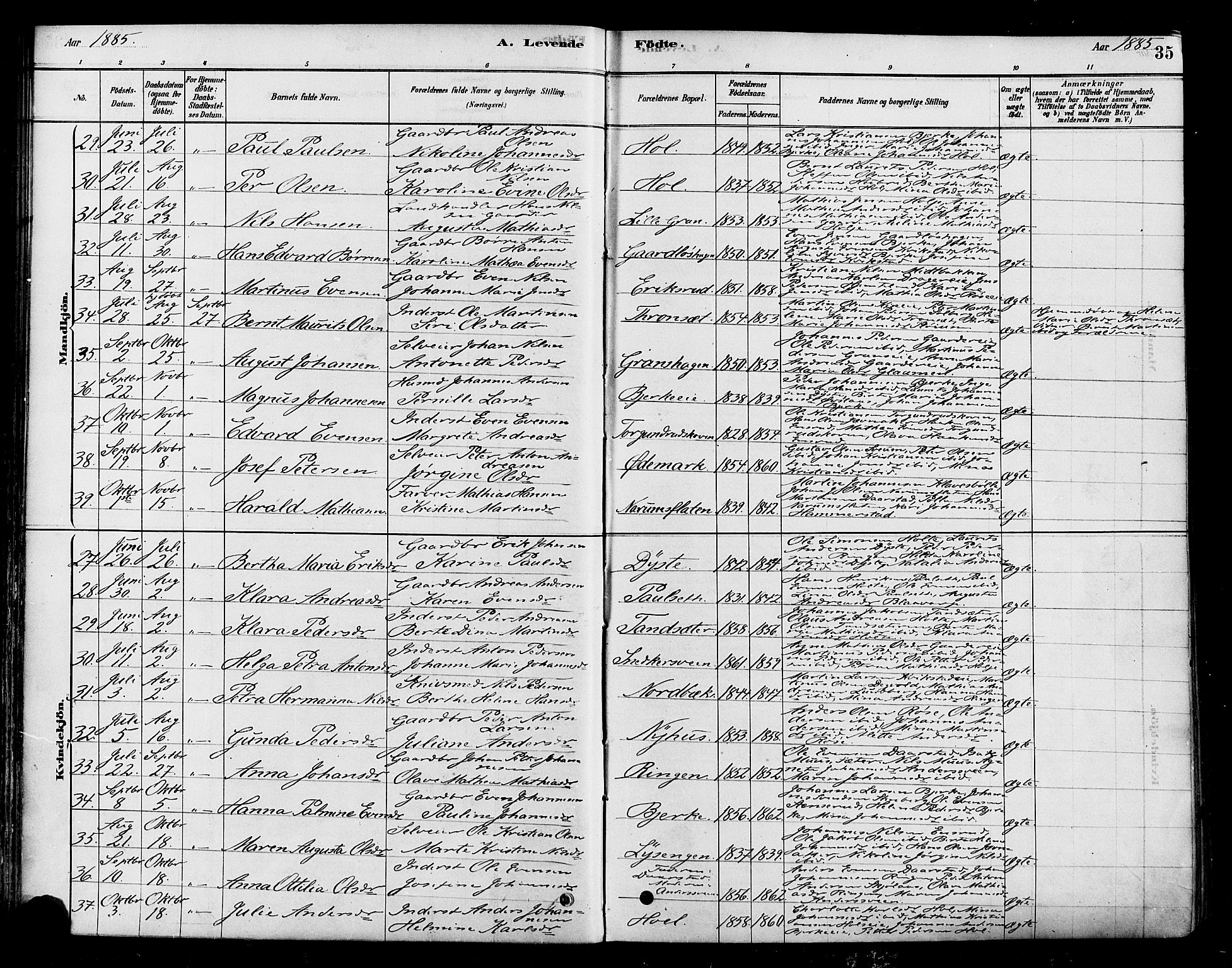 Vestre Toten prestekontor, AV/SAH-PREST-108/H/Ha/Haa/L0010: Parish register (official) no. 10, 1878-1894, p. 35