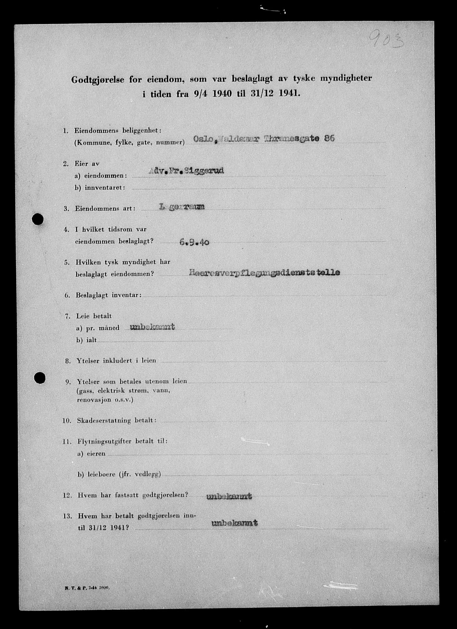 Justisdepartementet, Tilbakeføringskontoret for inndratte formuer, RA/S-1564/I/L1011: Godtgjørelse for beslaglagt eiendom, 1940-1941, p. 557