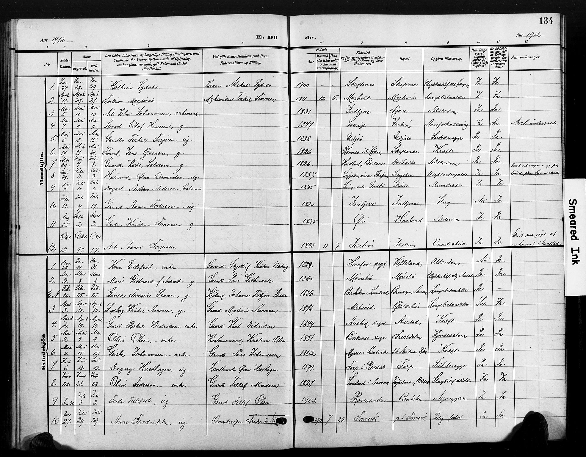 Hommedal sokneprestkontor, SAK/1111-0023/F/Fb/Fbb/L0008: Parish register (copy) no. B 8, 1905-1929, p. 134
