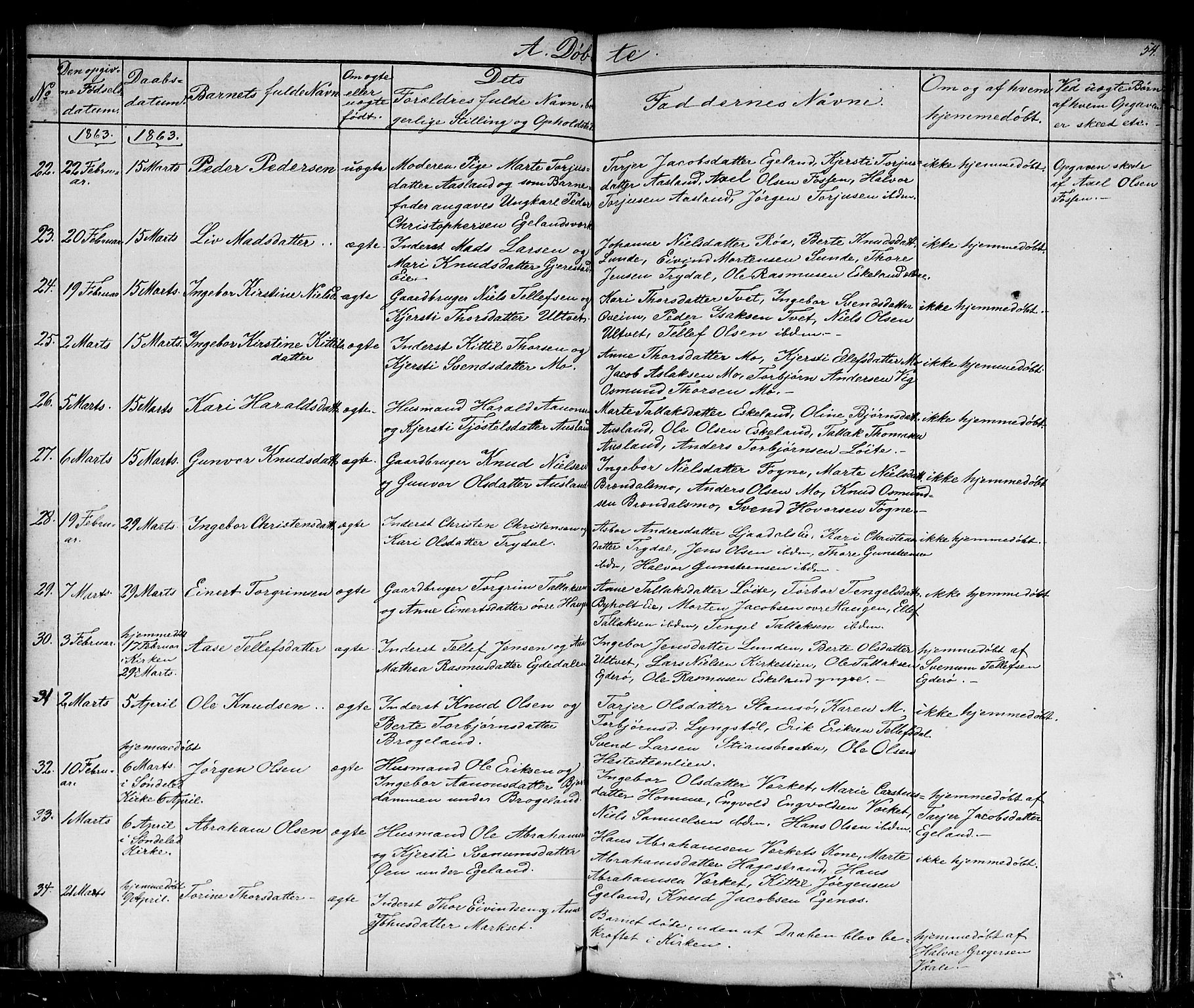 Gjerstad sokneprestkontor, AV/SAK-1111-0014/F/Fb/Fba/L0005: Parish register (copy) no. B 5, 1853-1867, p. 54