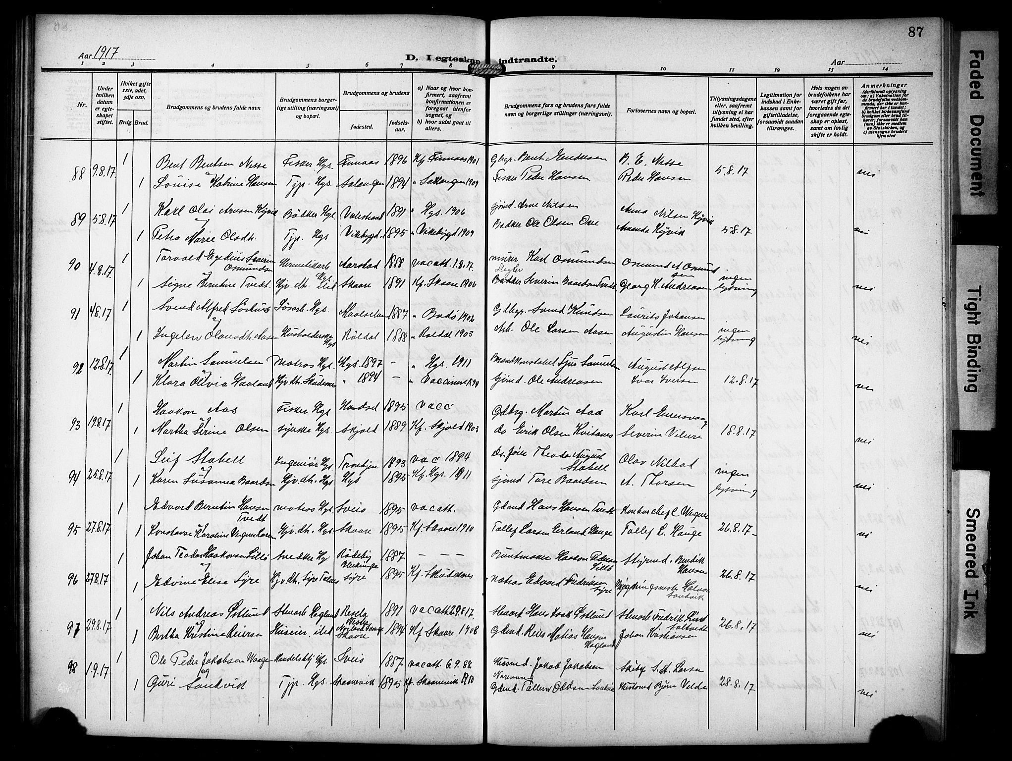 Haugesund sokneprestkontor, AV/SAST-A -101863/H/Ha/Hab/L0008: Parish register (copy) no. B 8, 1909-1921, p. 87