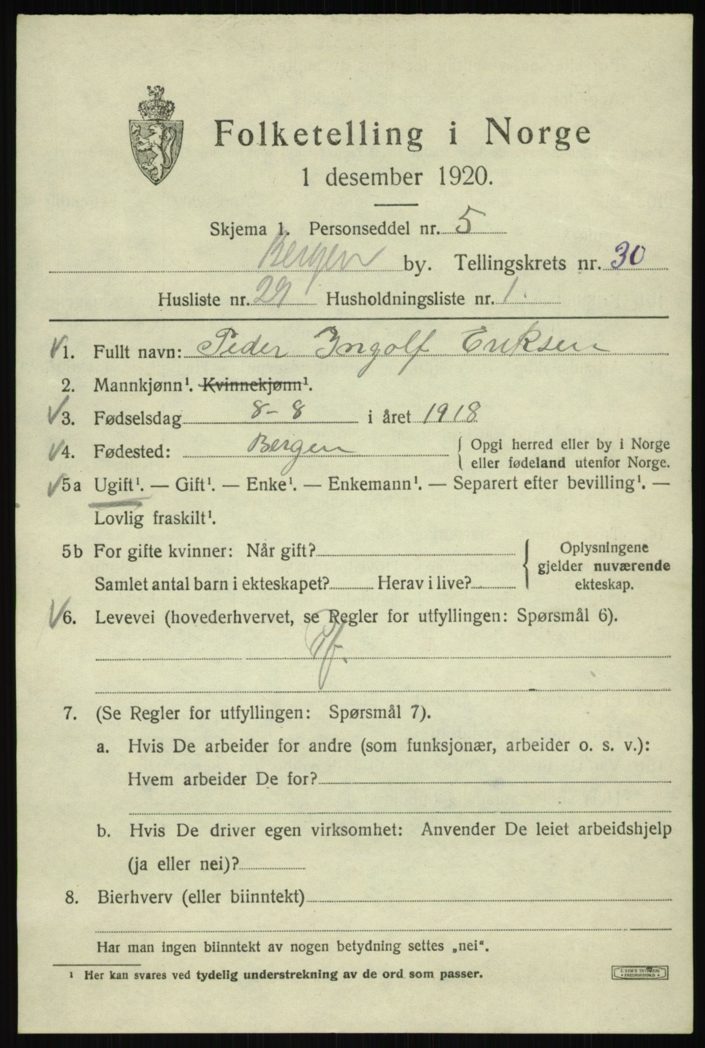 SAB, 1920 census for Bergen, 1920, p. 95838