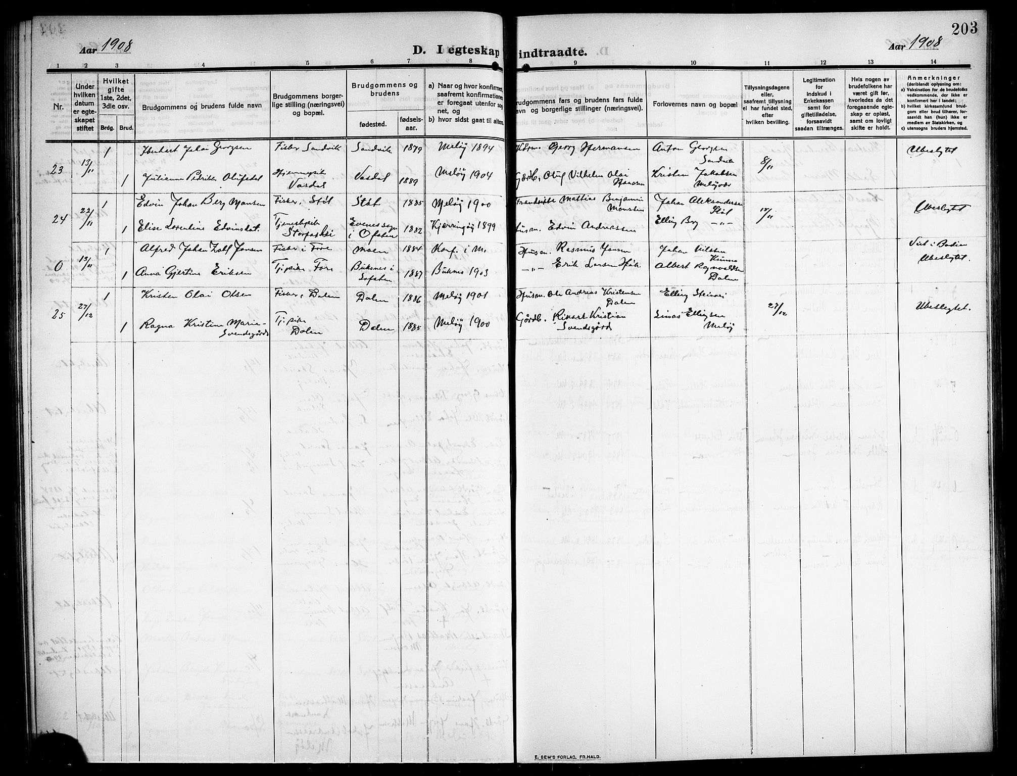 Ministerialprotokoller, klokkerbøker og fødselsregistre - Nordland, AV/SAT-A-1459/843/L0639: Parish register (copy) no. 843C08, 1908-1924, p. 203