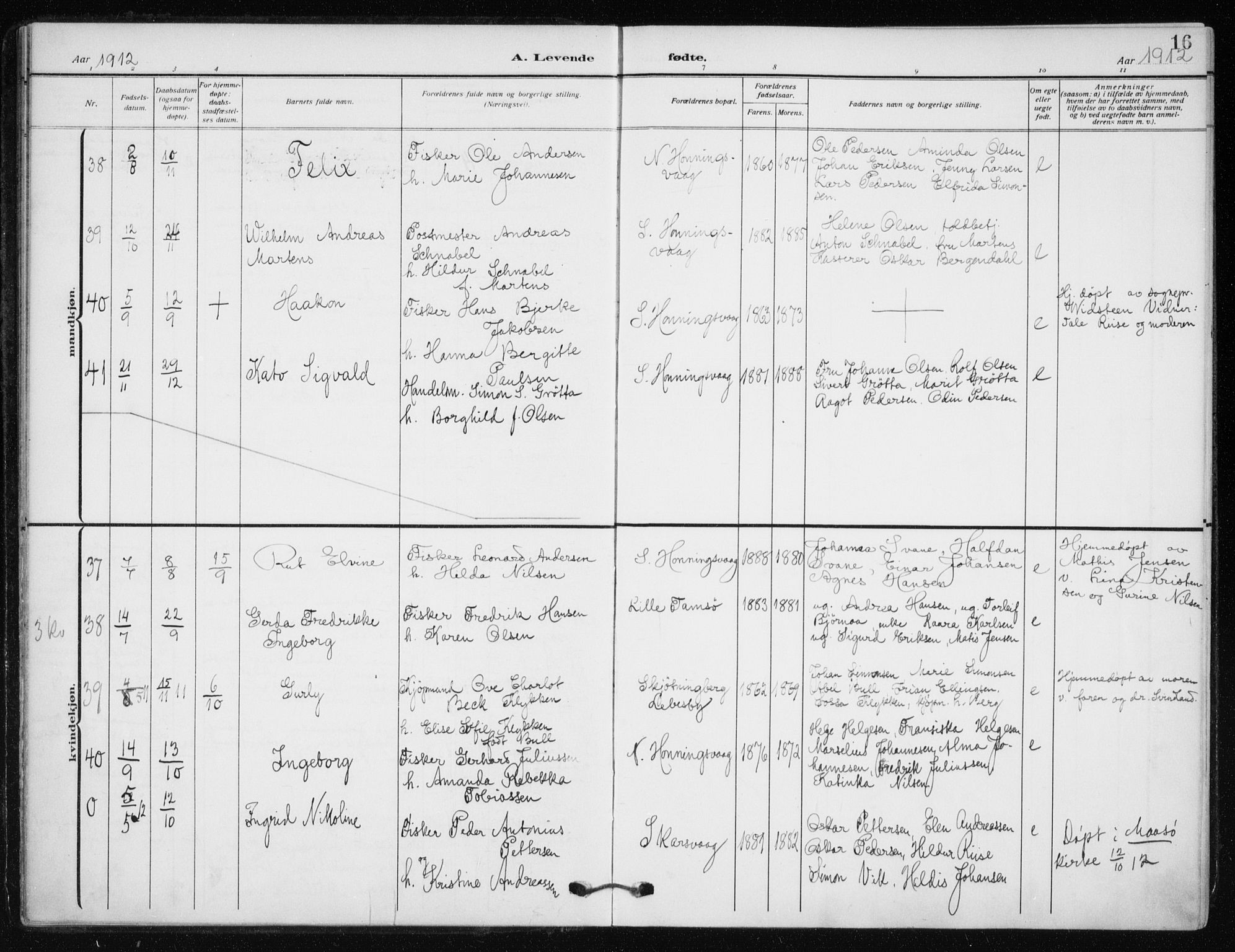 Kjelvik/Nordkapp sokneprestkontor, AV/SATØ-S-1350/H/Ha/L0001kirke: Parish register (official) no. 1, 1911-1919, p. 16